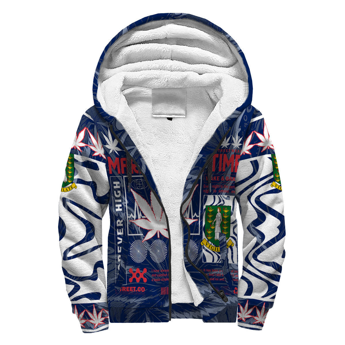 British Virgin Islands Sherpa Hoodie Flag & Coat Of Arms Marijuanas Style