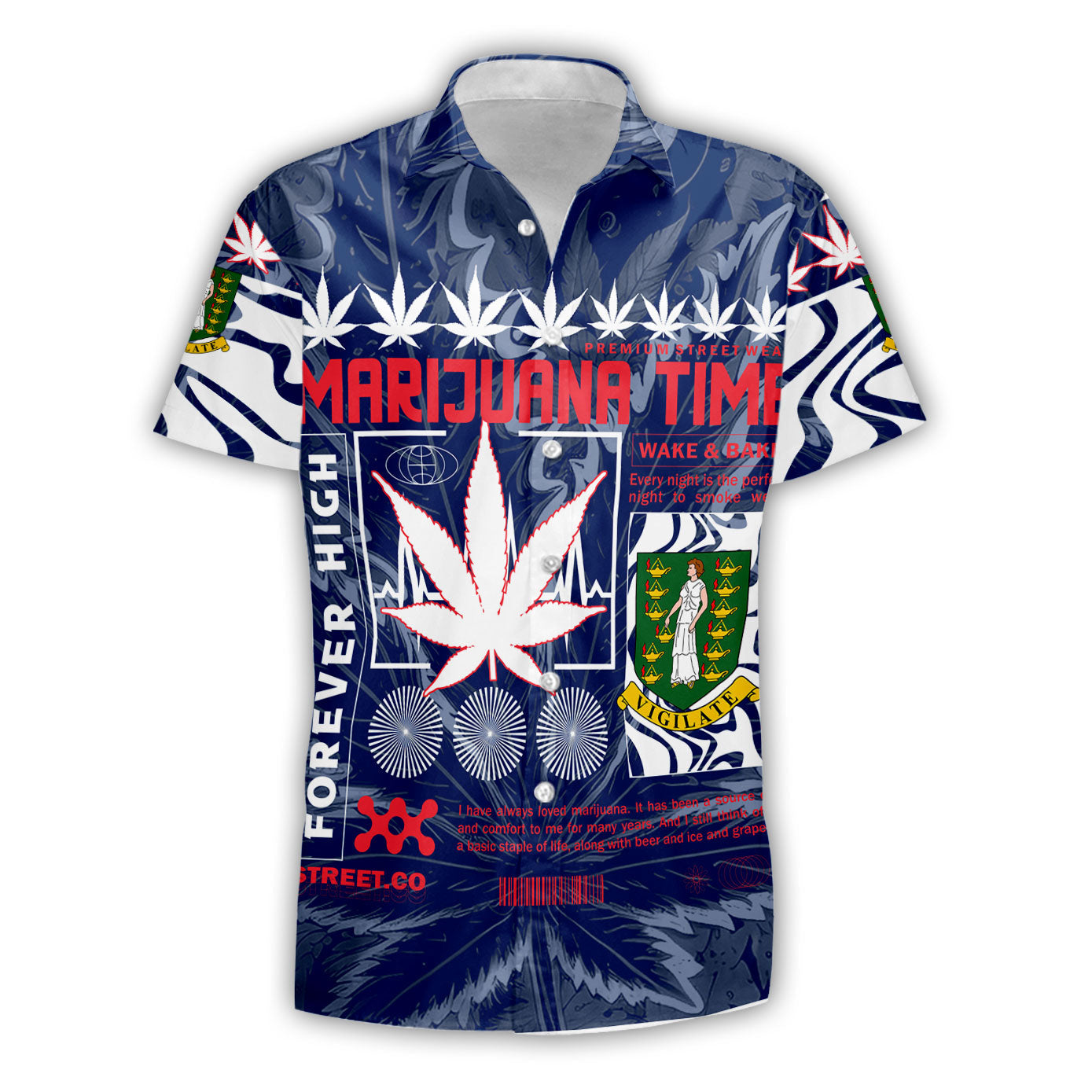 British Virgin Islands Short Sleeve Shirt Flag & Coat Of Arms Marijuanas Style