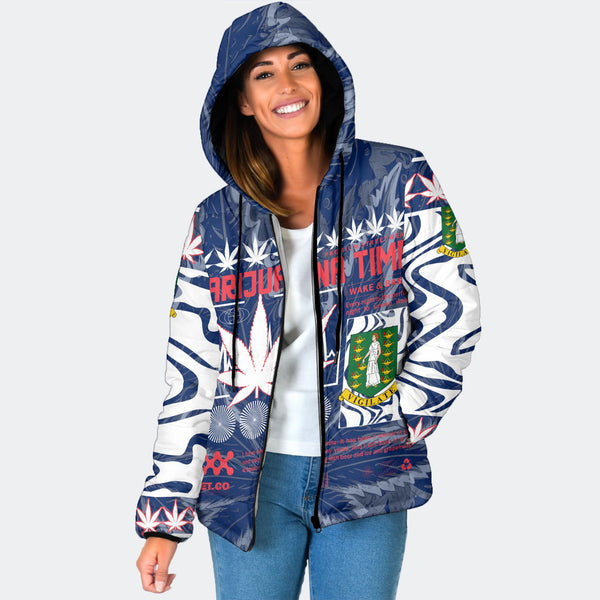 British Virgin Islands Women Hooded Padded Jacket Flag & Coat Of Arms Marijuanas Style