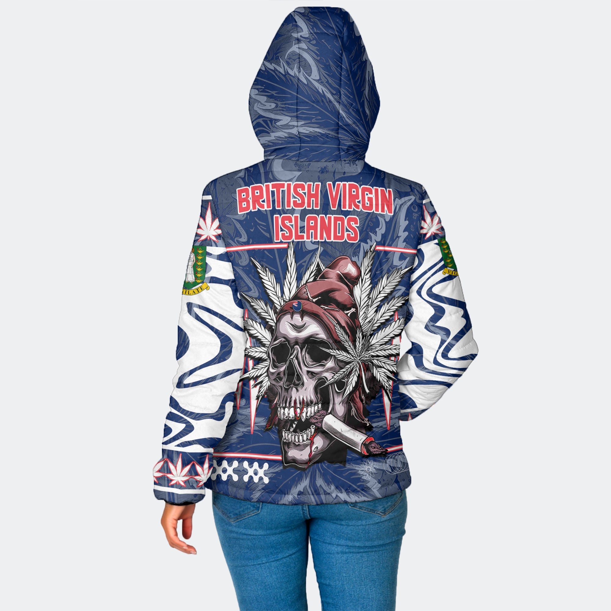 British Virgin Islands Women Hooded Padded Jacket Flag & Coat Of Arms Marijuanas Style