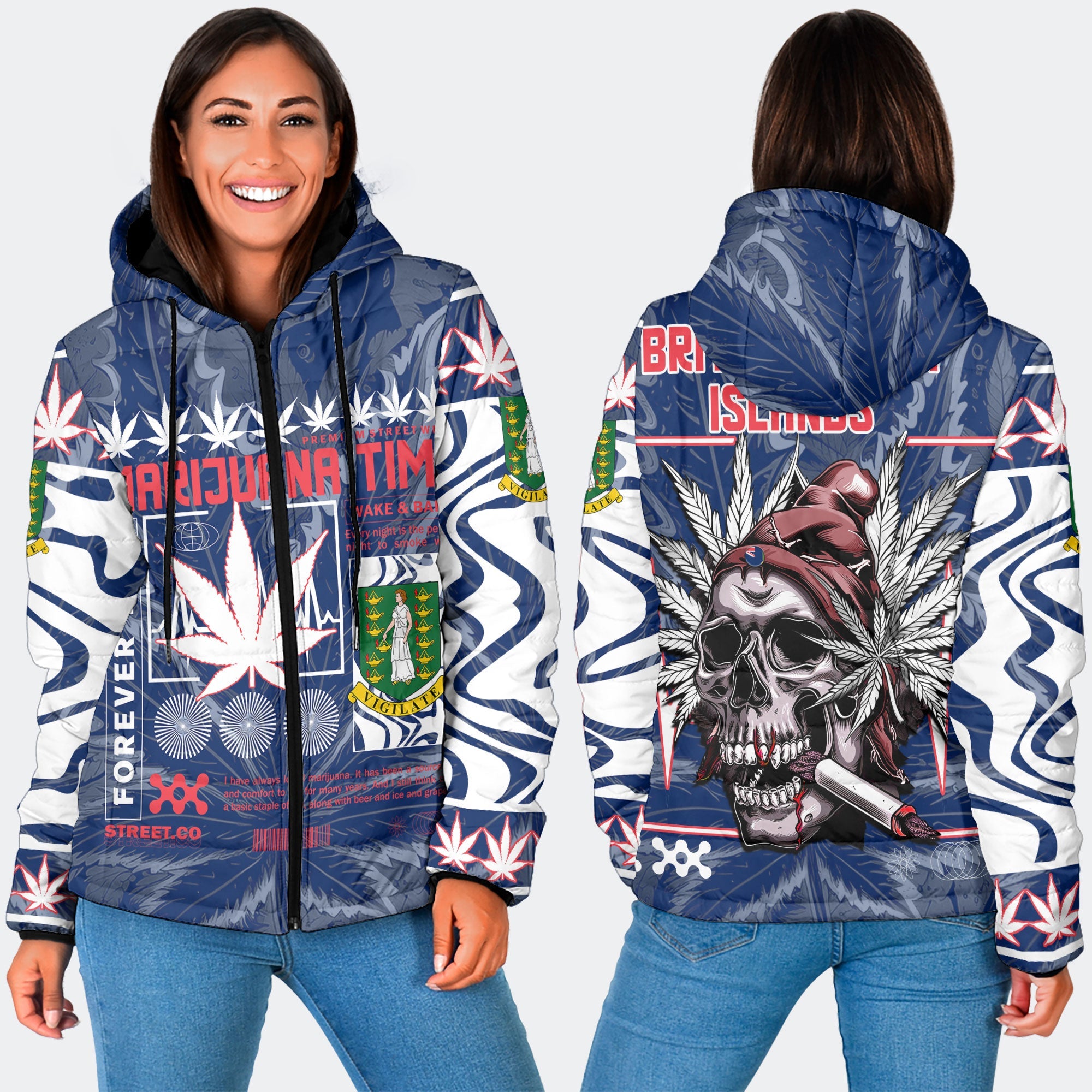 British Virgin Islands Women Hooded Padded Jacket Flag & Coat Of Arms Marijuanas Style