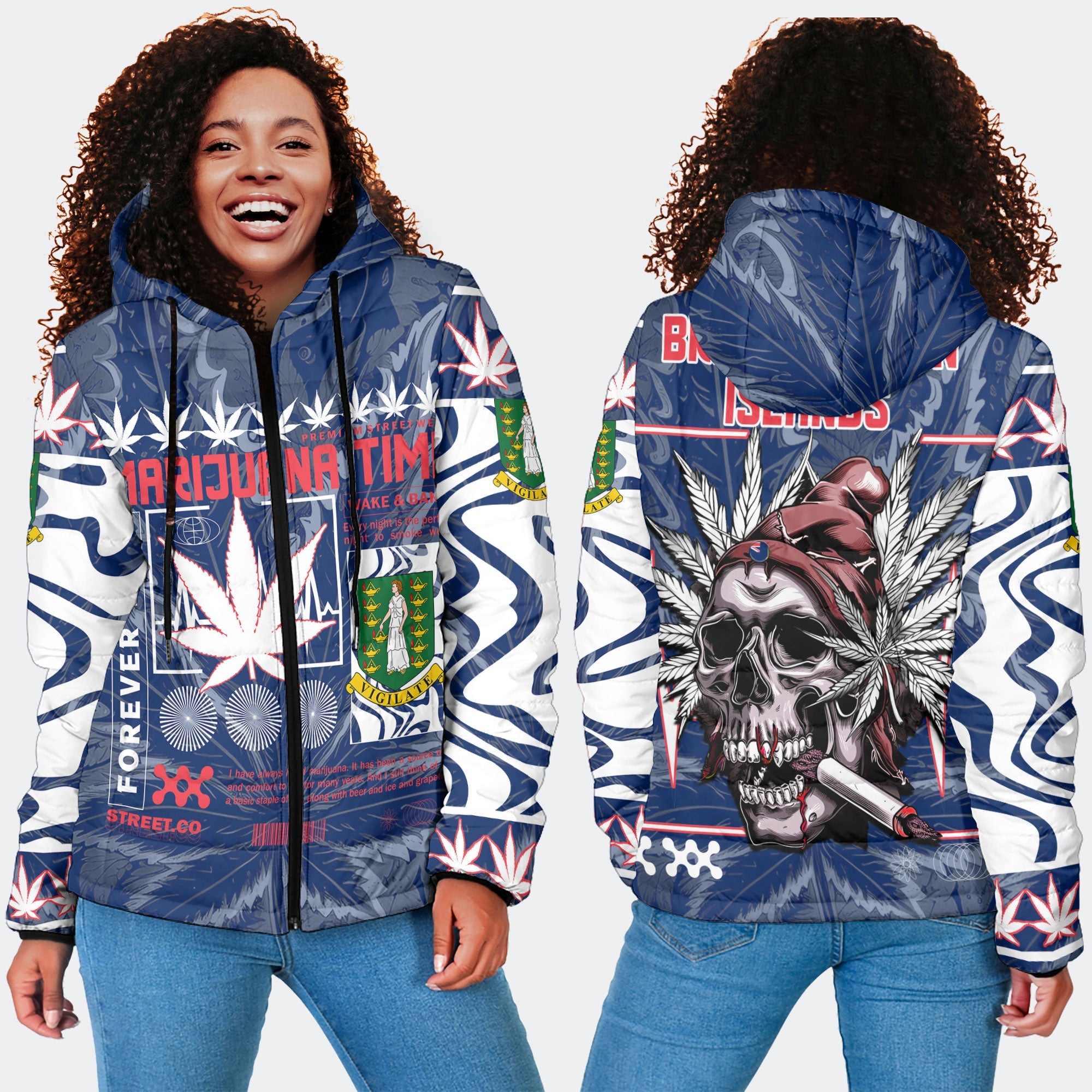 British Virgin Islands Women Hooded Padded Jacket Flag & Coat Of Arms Marijuanas Style