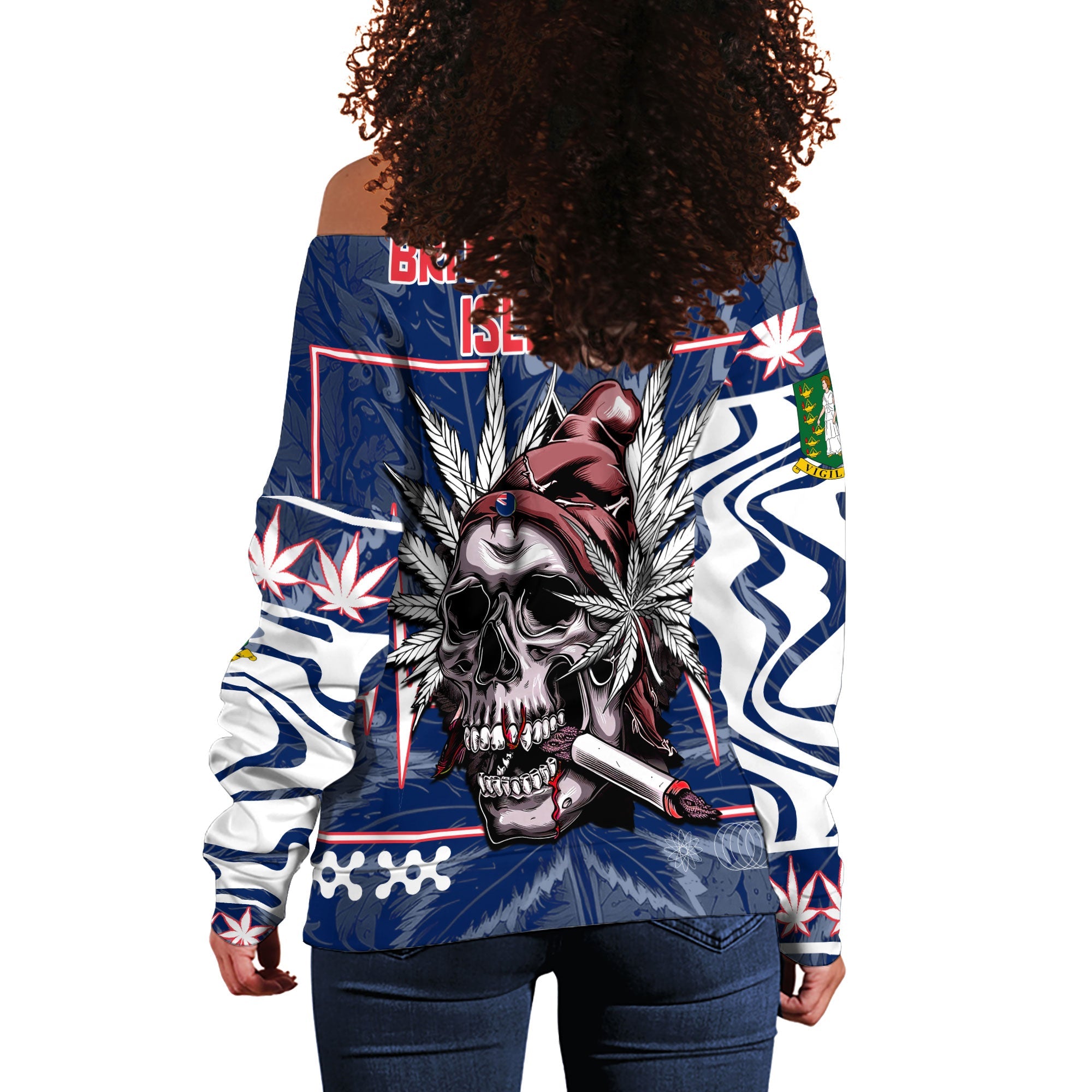 British Virgin Islands Women Off Shoulder Sweatshirt Flag & Coat Of Arms Marijuanas Style