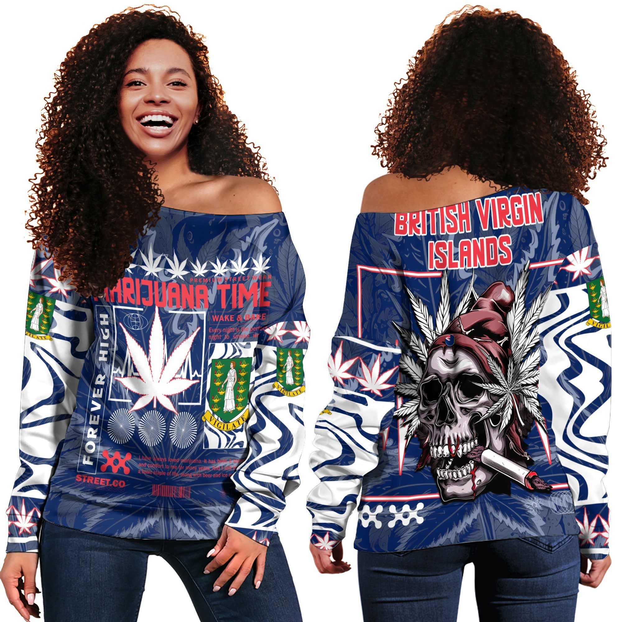 British Virgin Islands Women Off Shoulder Sweatshirt Flag & Coat Of Arms Marijuanas Style