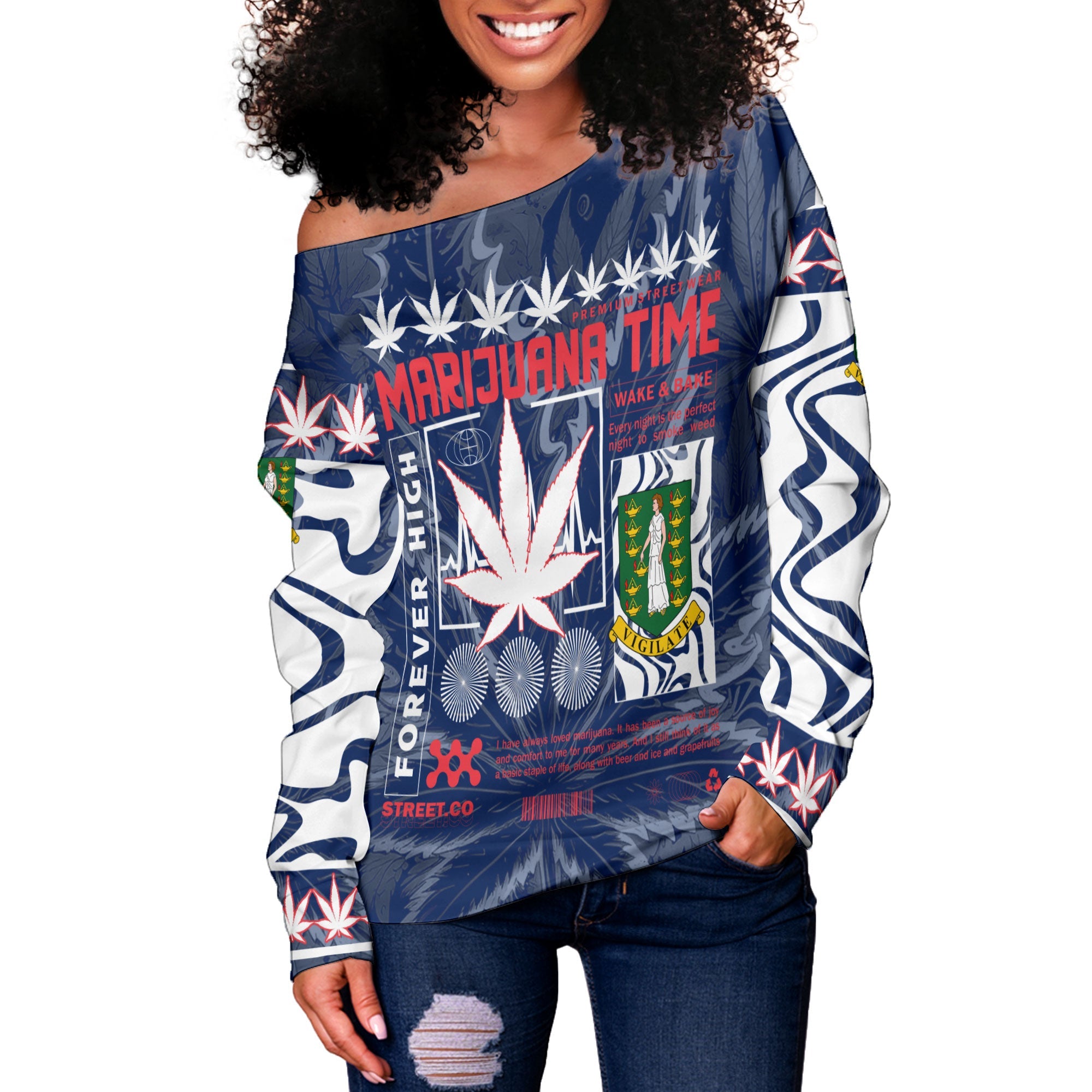 British Virgin Islands Women Off Shoulder Sweatshirt Flag & Coat Of Arms Marijuanas Style