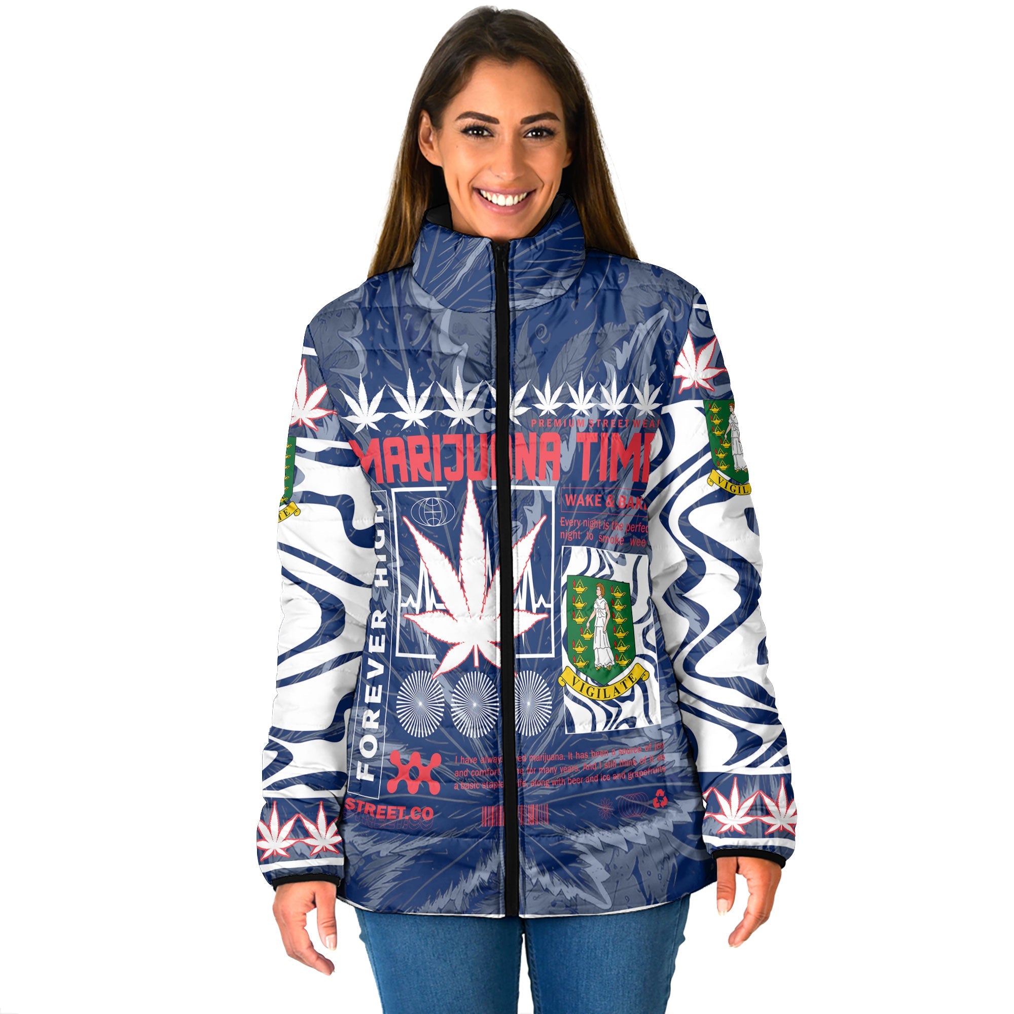 British Virgin Islands Women Padded Jacket Flag & Coat Of Arms Marijuanas Style