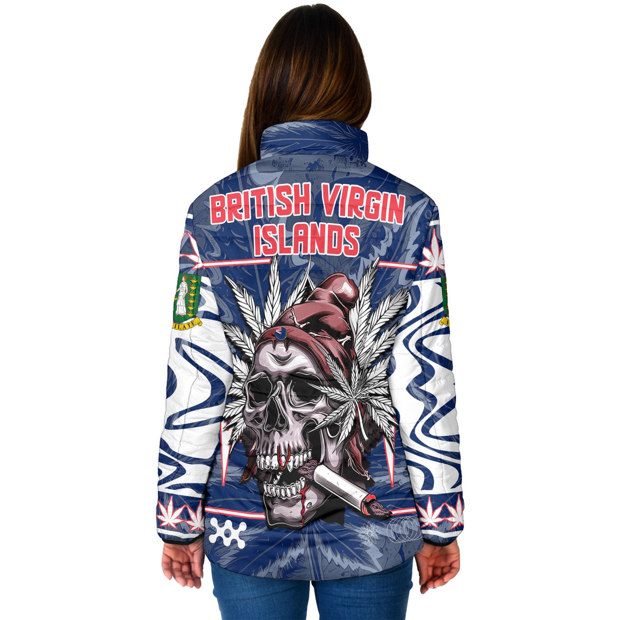 British Virgin Islands Women Padded Jacket Flag & Coat Of Arms Marijuanas Style