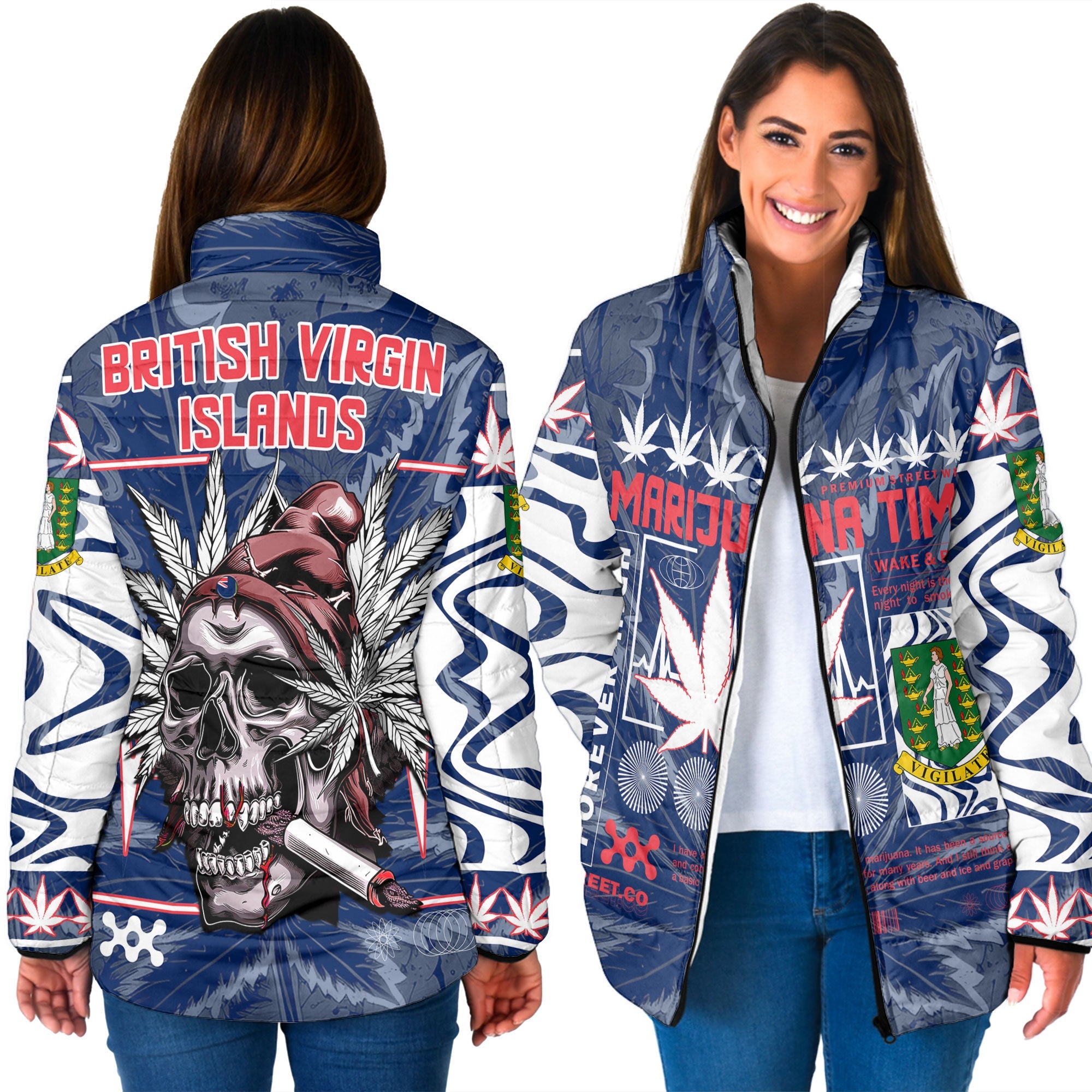 British Virgin Islands Women Padded Jacket Flag & Coat Of Arms Marijuanas Style