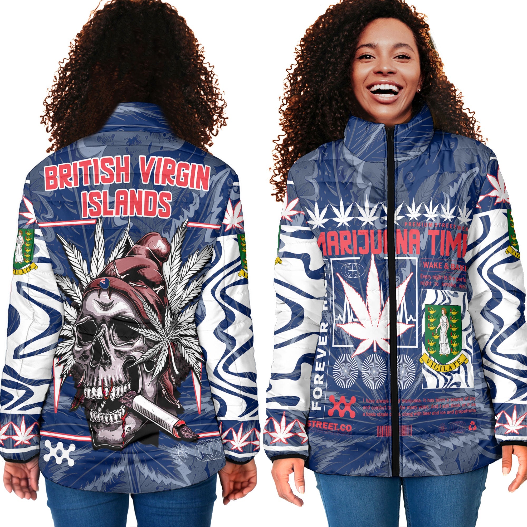 British Virgin Islands Women Padded Jacket Flag & Coat Of Arms Marijuanas Style