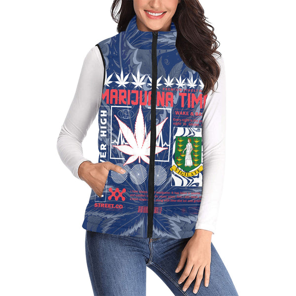 British Virgin Islands Women Padded Jacket Vest Flag & Coat Of Arms Marijuanas Style