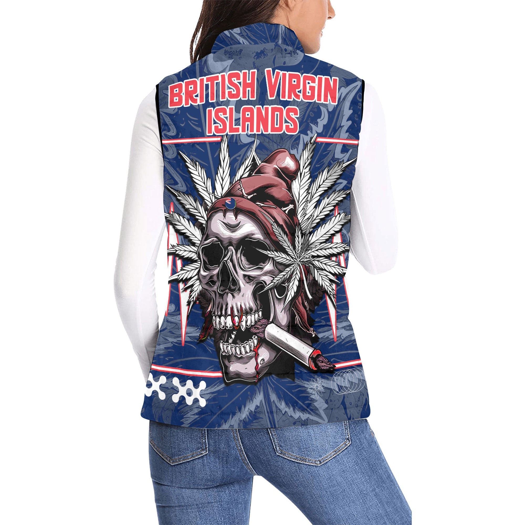 British Virgin Islands Women Padded Jacket Vest Flag & Coat Of Arms Marijuanas Style