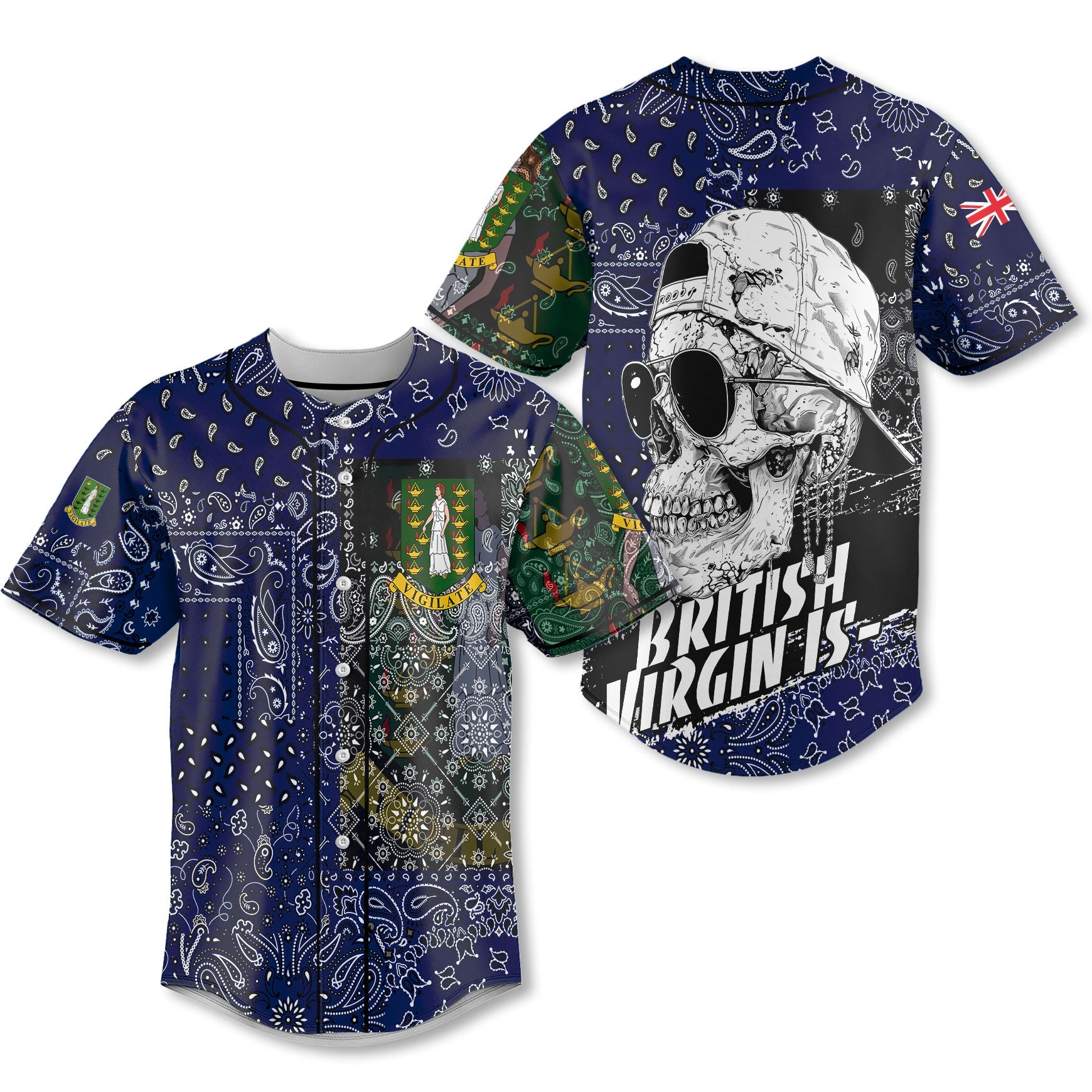 British Virgin Islands Baseball Jersey Paisley Flag And Skull Style 1