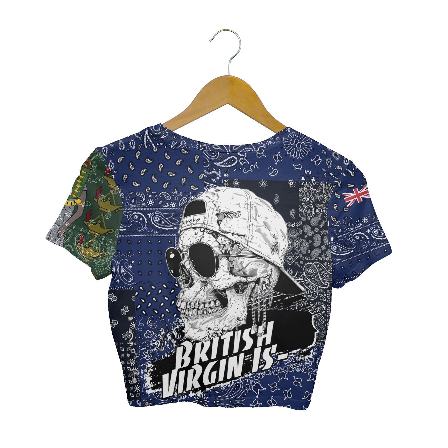 British Virgin Islands Croptop T Shirt Paisley Flag And Skull Style 2