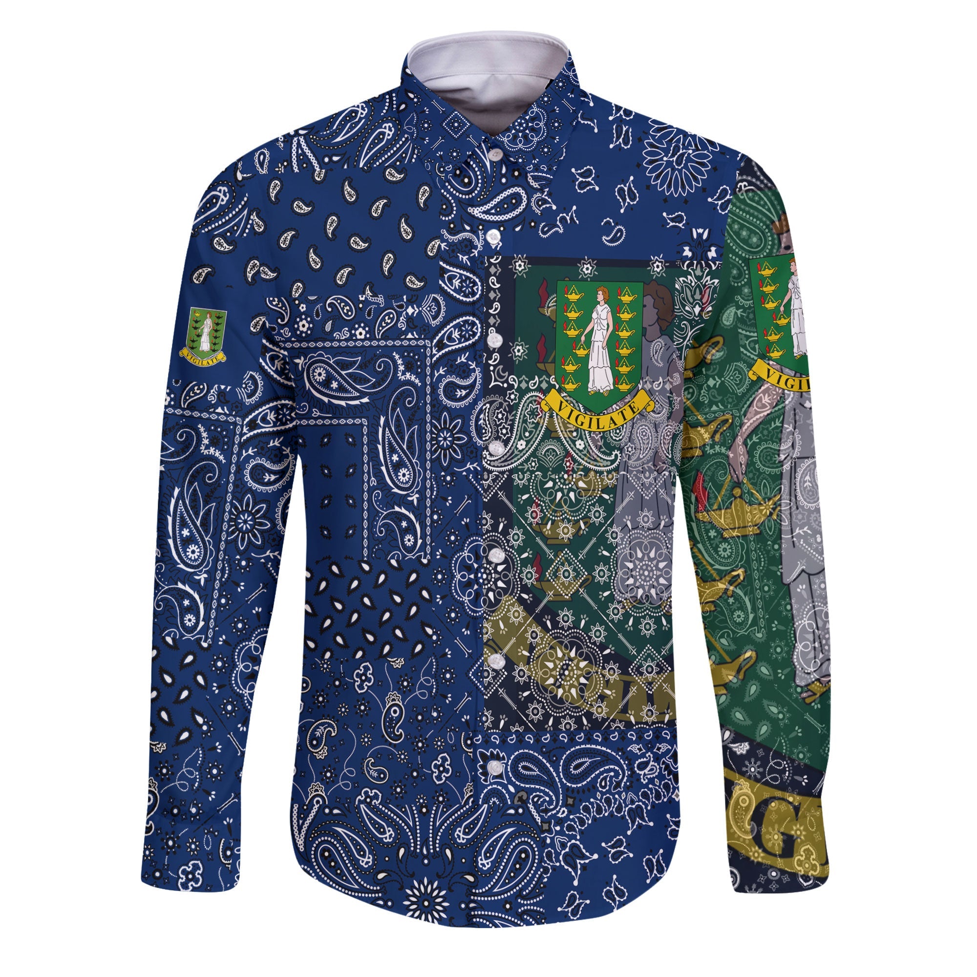 British Virgin Islands Long Sleeve Button Shirt Paisley Flag And Skull Style 1