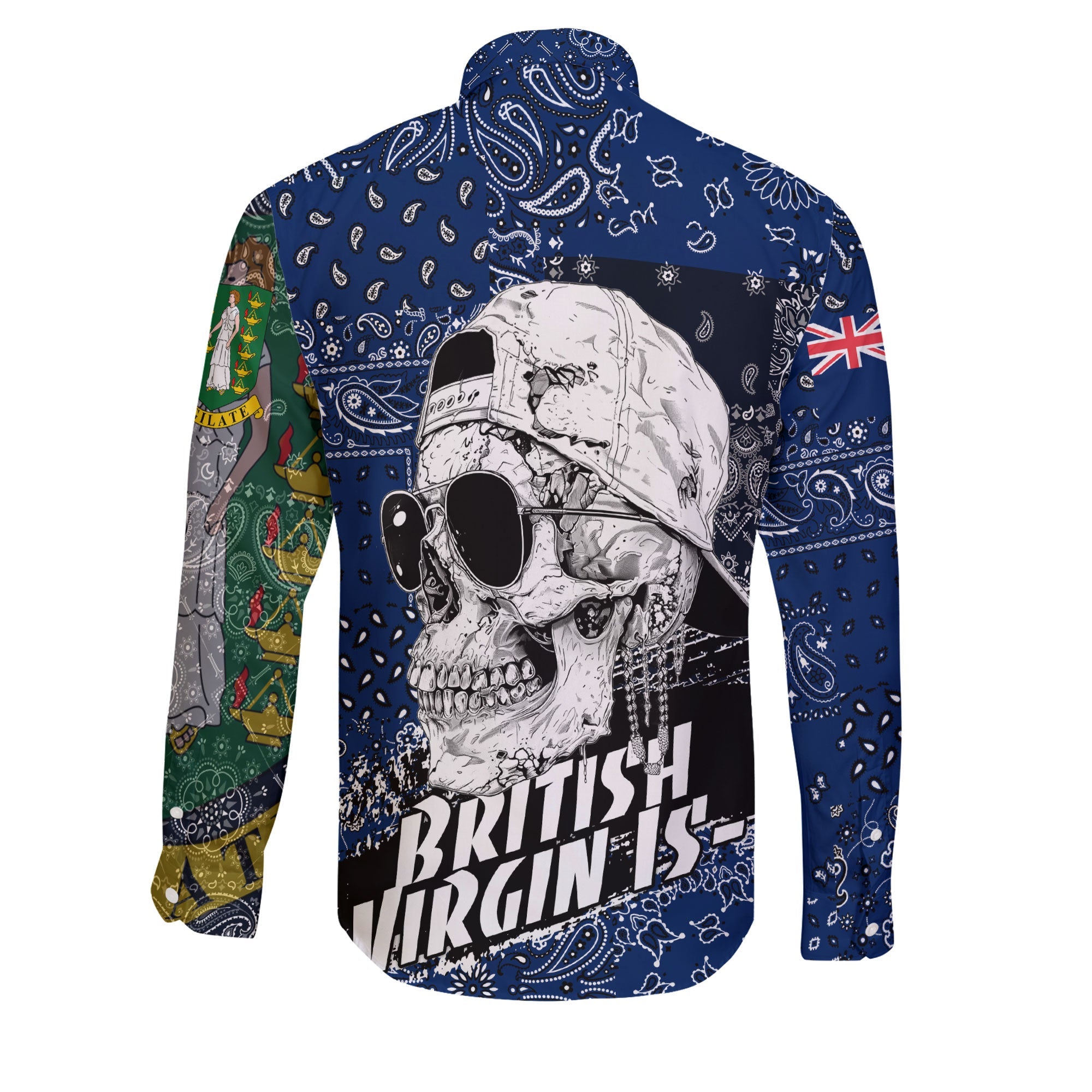 British Virgin Islands Long Sleeve Button Shirt Paisley Flag And Skull Style 2