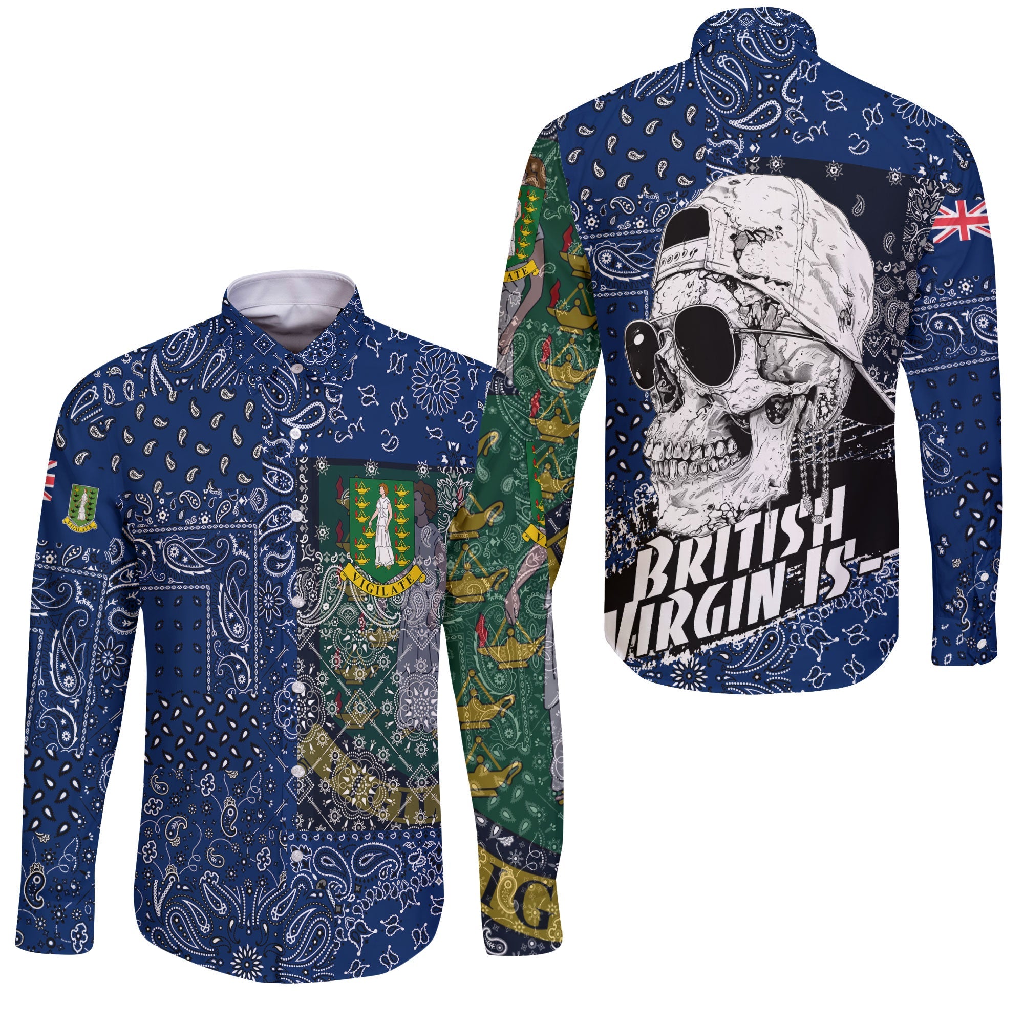 British Virgin Islands Long Sleeve Button Shirt Paisley Flag And Skull Style 3