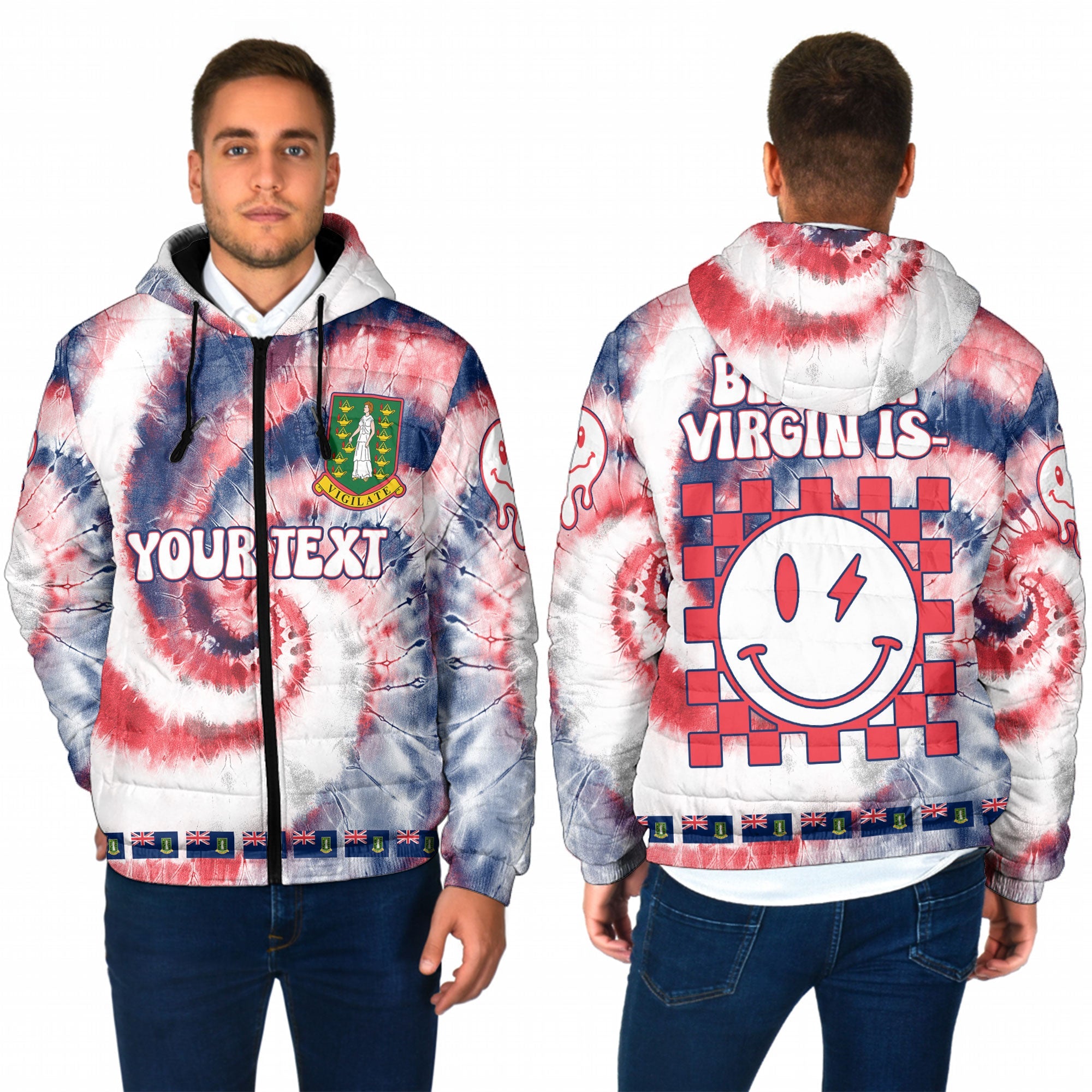 British Virgin Islands Men Hooded Padded Jacket Custom Tie Dye Style 1