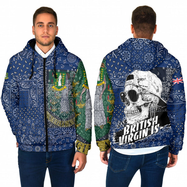 British Virgin Islands Men Hooded Padded Jacket Paisley Flag And Skull Style 1