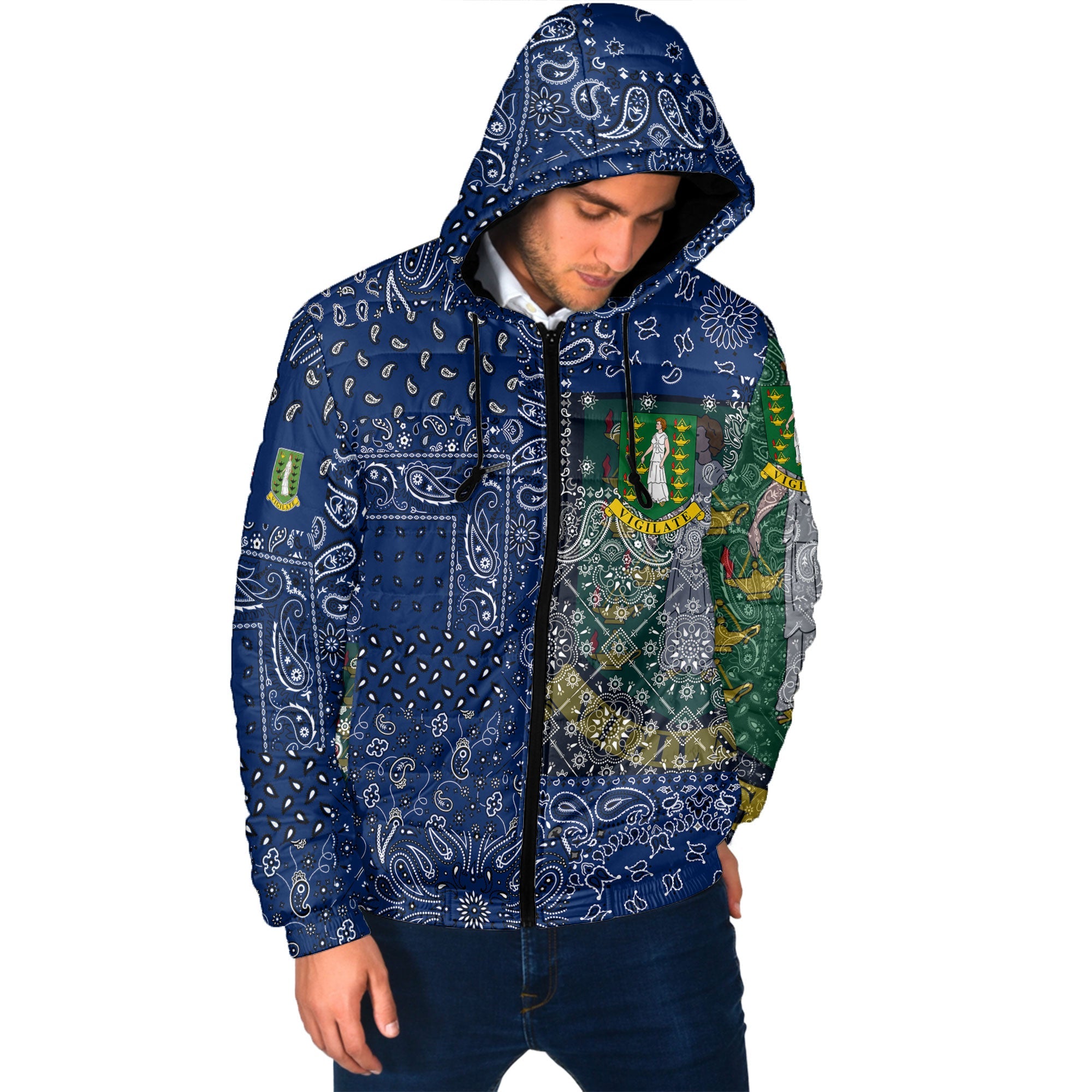 British Virgin Islands Men Hooded Padded Jacket Paisley Flag And Skull Style 2