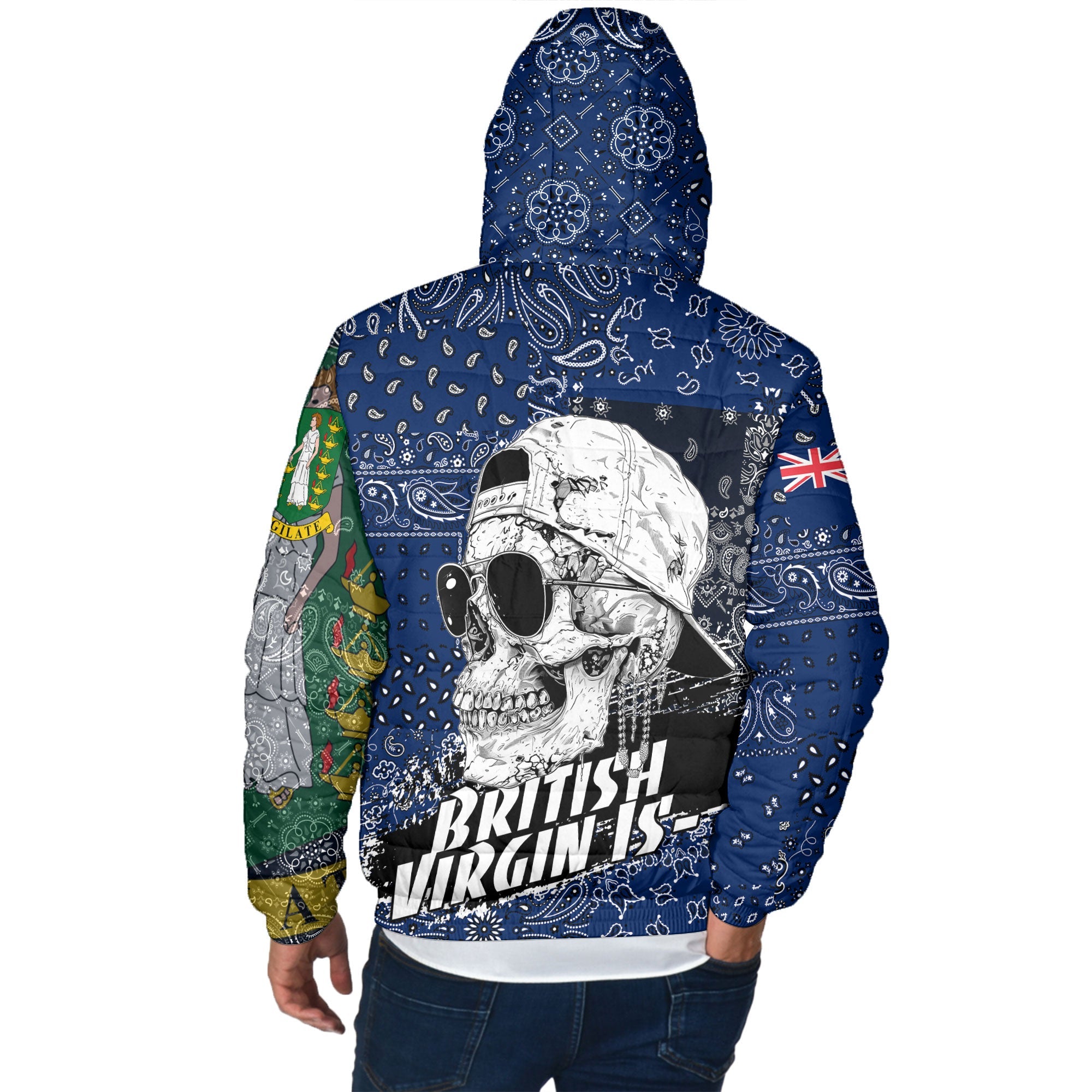 British Virgin Islands Men Hooded Padded Jacket Paisley Flag And Skull Style 3