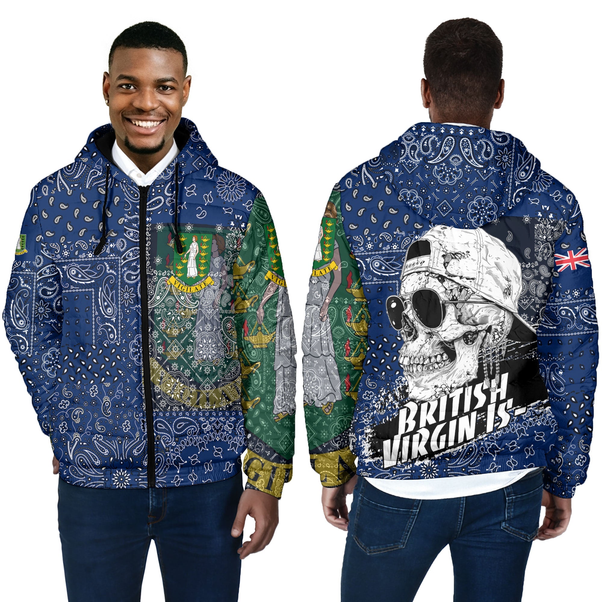 British Virgin Islands Men Hooded Padded Jacket Paisley Flag And Skull Style 4