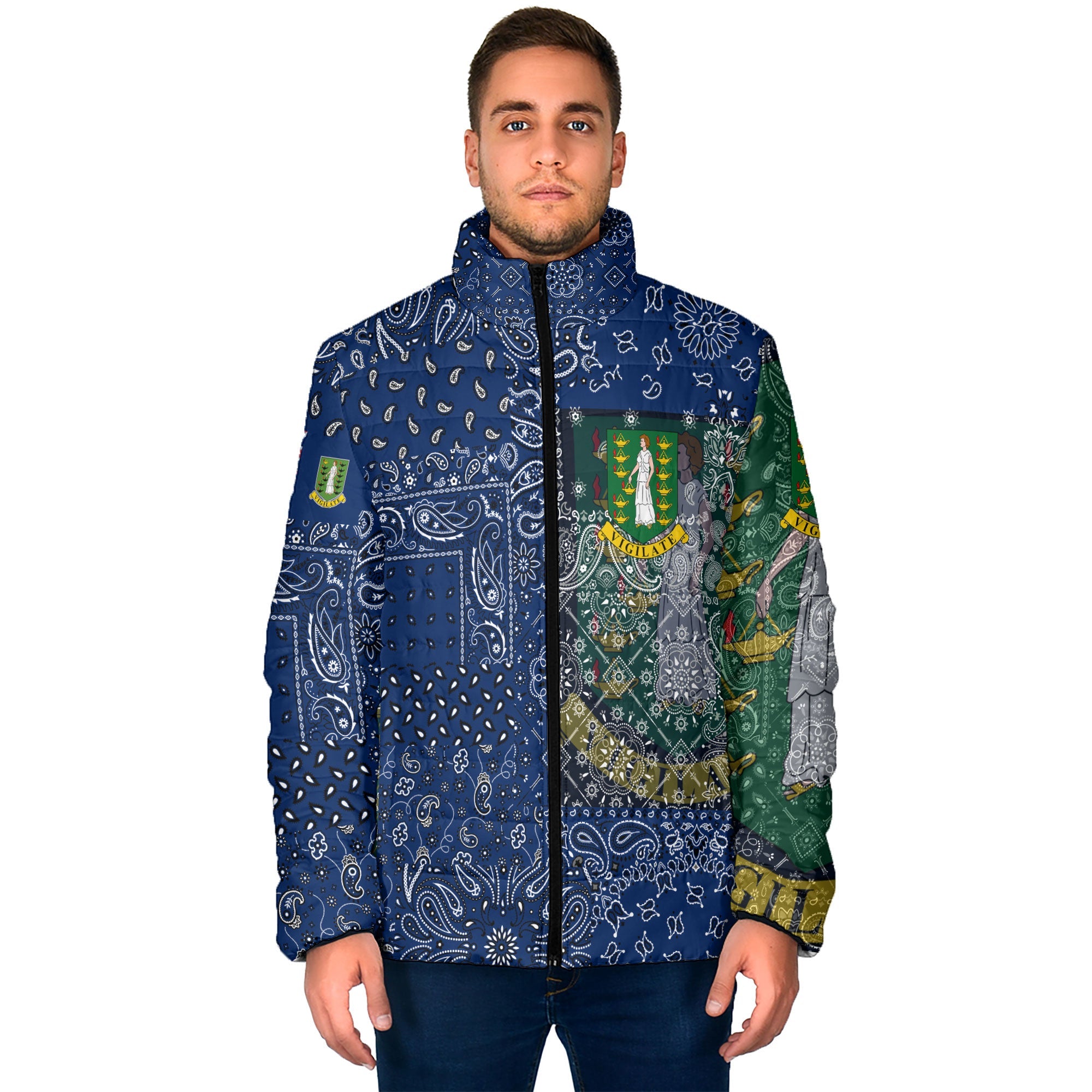 British Virgin Islands Men Padded Jacket Paisley Flag And Skull Style 1