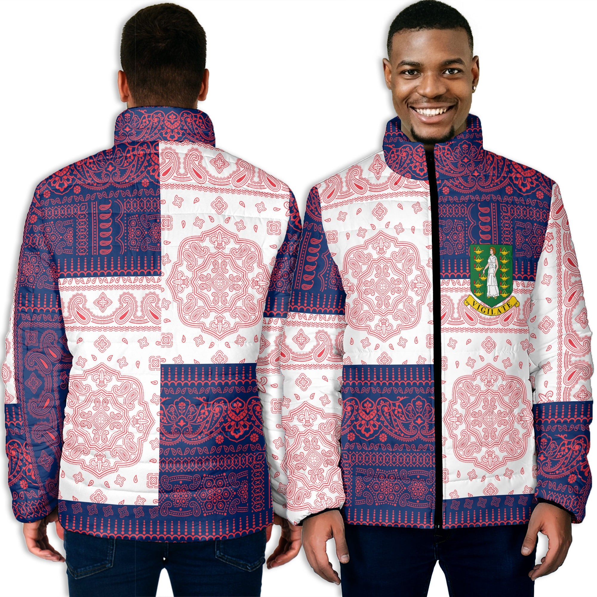 British Virgin Islands Men Padded Jacket Flag And Paisley Basic Style 2