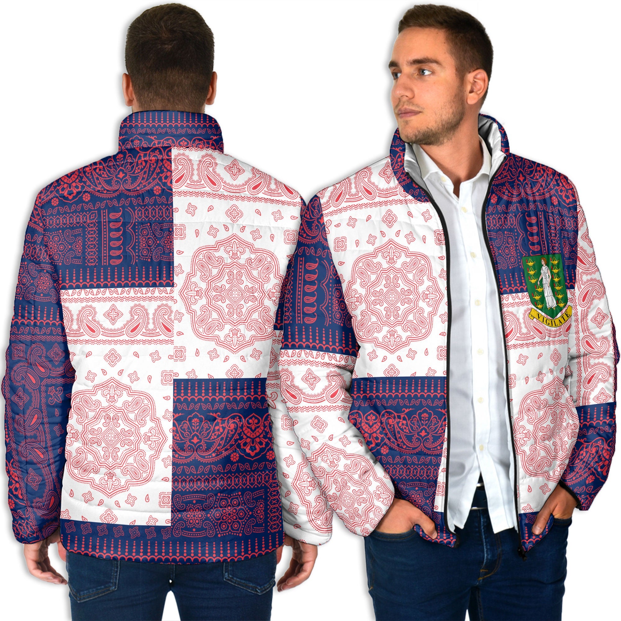 British Virgin Islands Men Padded Jacket Flag And Paisley Basic Style 3