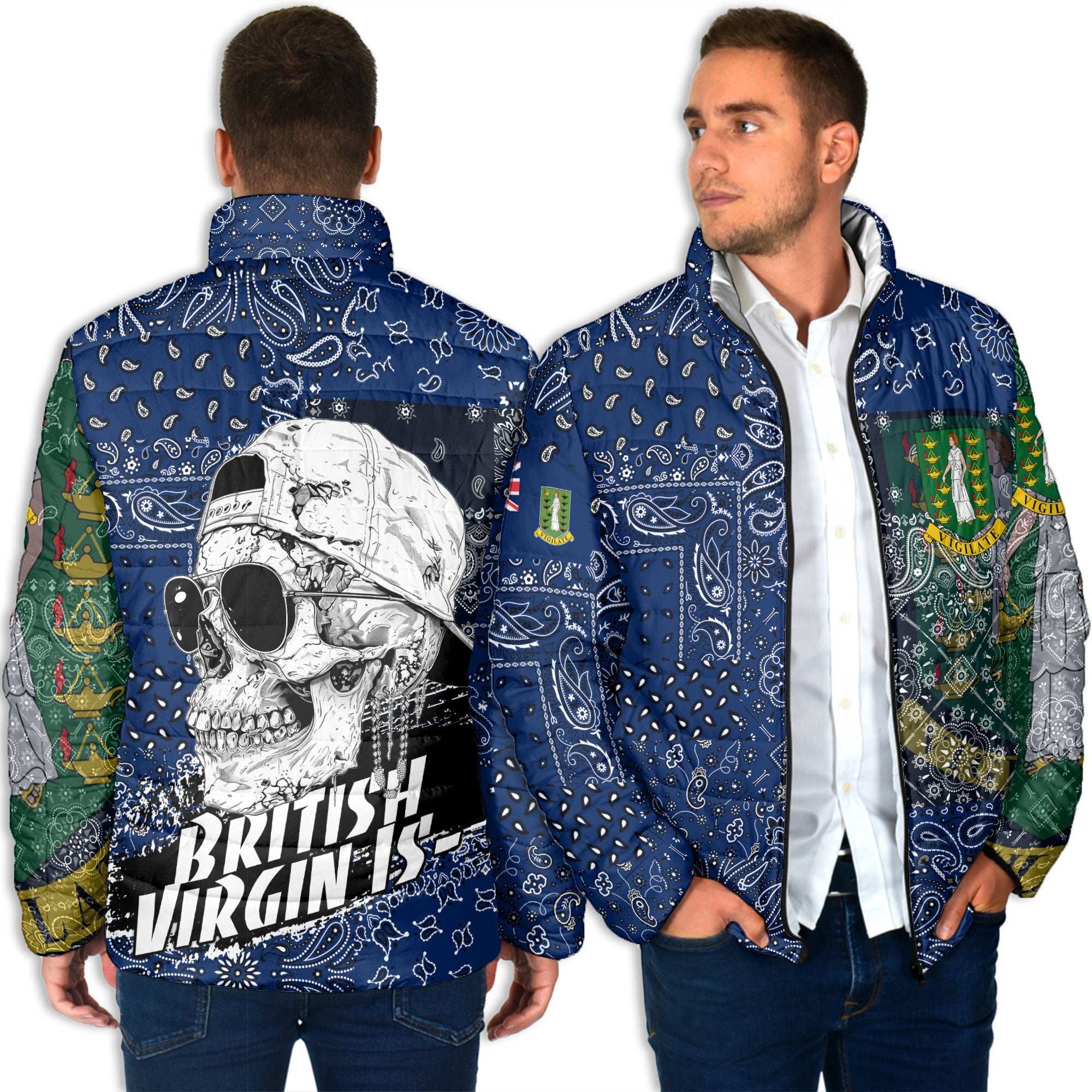 British Virgin Islands Men Padded Jacket Paisley Flag And Skull Style 3