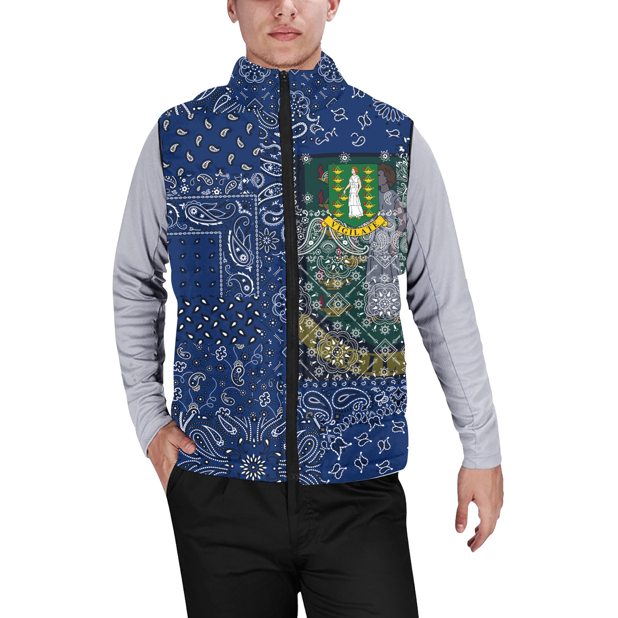 British Virgin Islands Men Padded Jacket Vest Paisley Flag And Skull Style 1