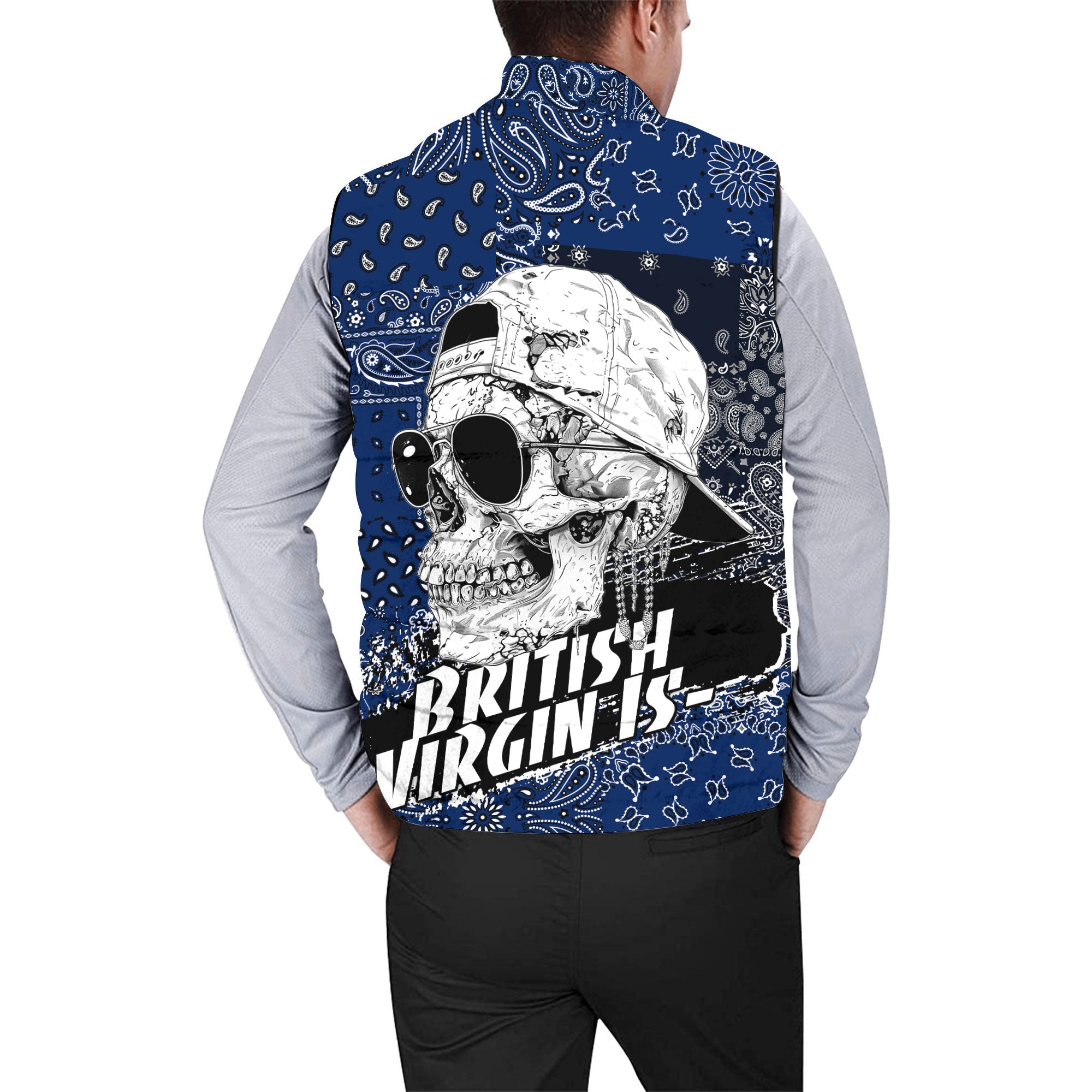 British Virgin Islands Men Padded Jacket Vest Paisley Flag And Skull Style 2