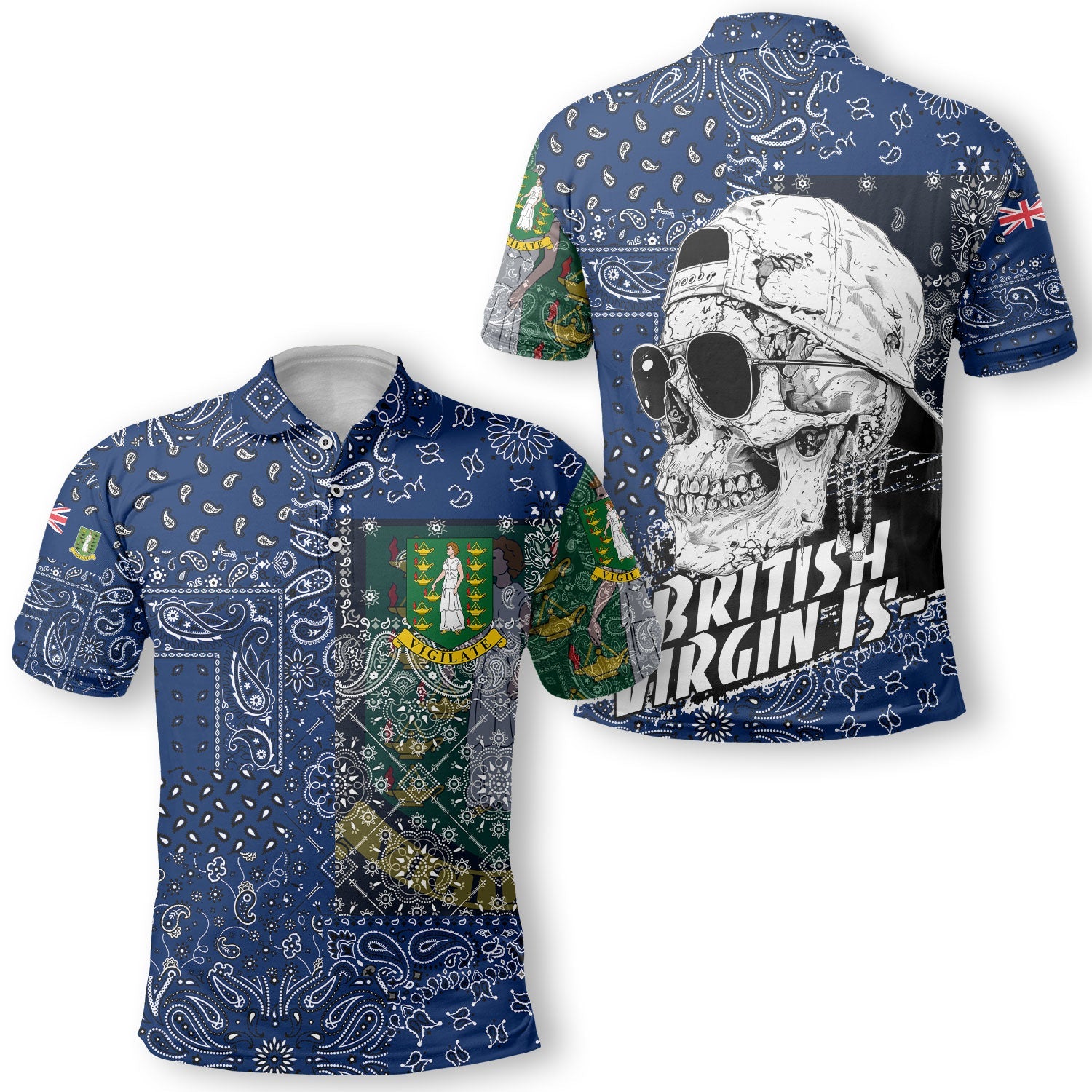 British Virgin Islands Polo Shirt Paisley Flag And Skull Style 1