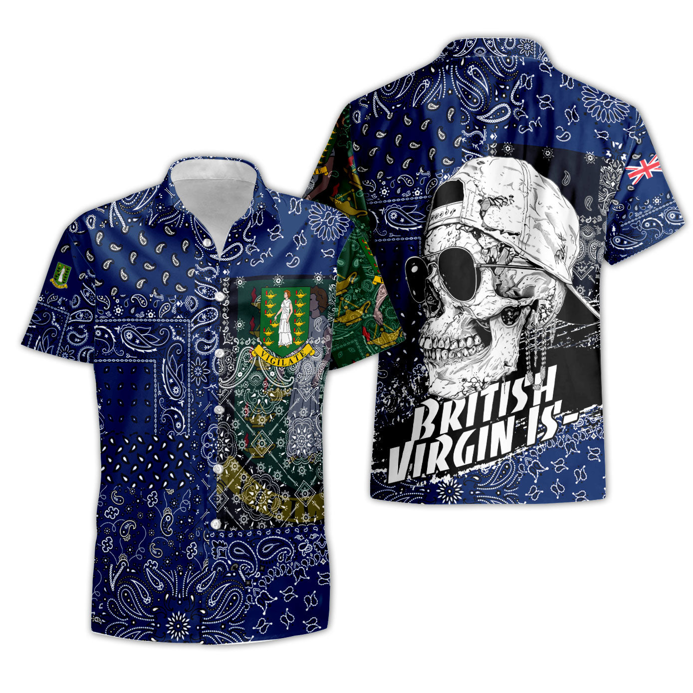 British Virgin Islands Short Sleeve Shirt Paisley Flag And Skull Style 3