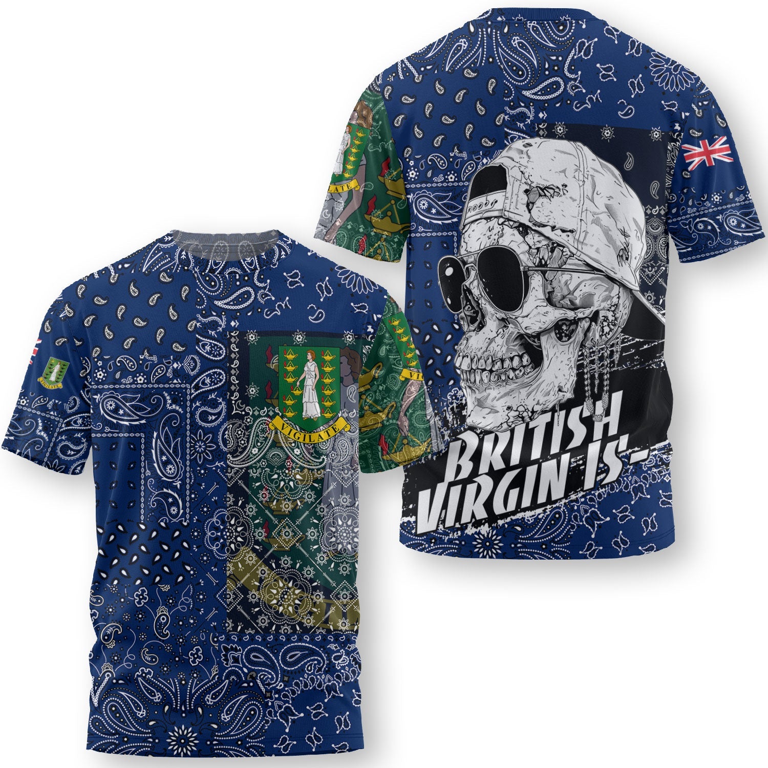 British Virgin Islands T Shirt Paisley Flag And Skull Style 3