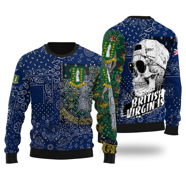 British Virgin Islands Ugly Sweater Paisley Flag And Skull Style 1