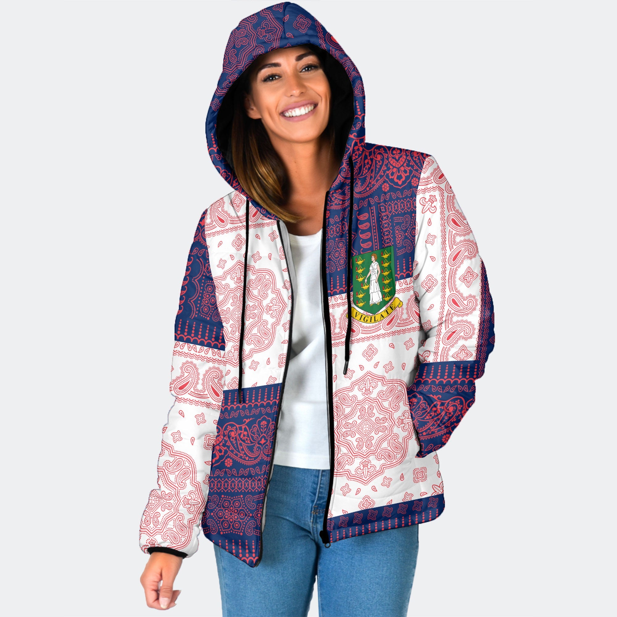 British Virgin Islands Women Hooded Padded Jacket Flag And Paisley Basic Style 1