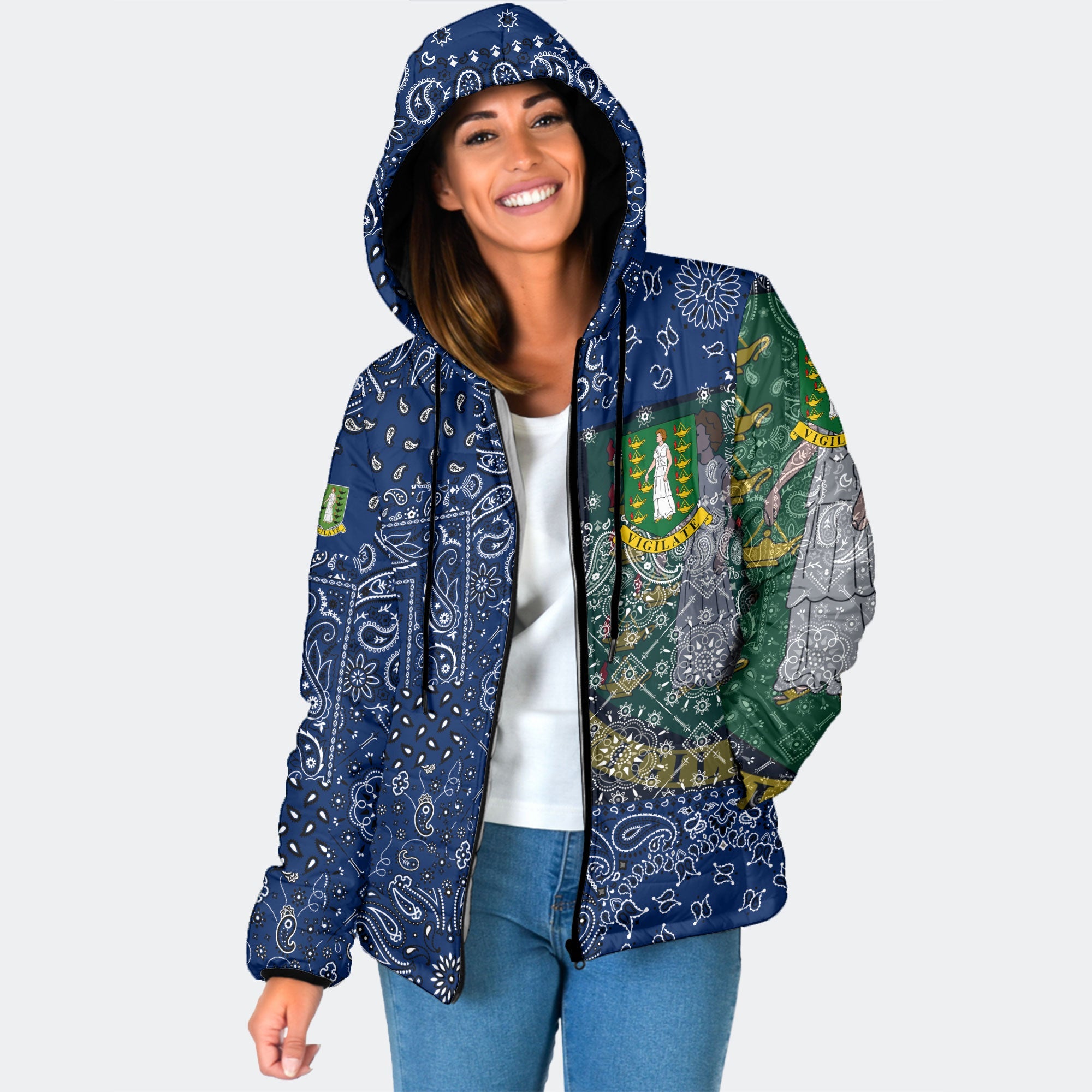 British Virgin Islands Women Hooded Padded Jacket Paisley Flag And Skull Style 1