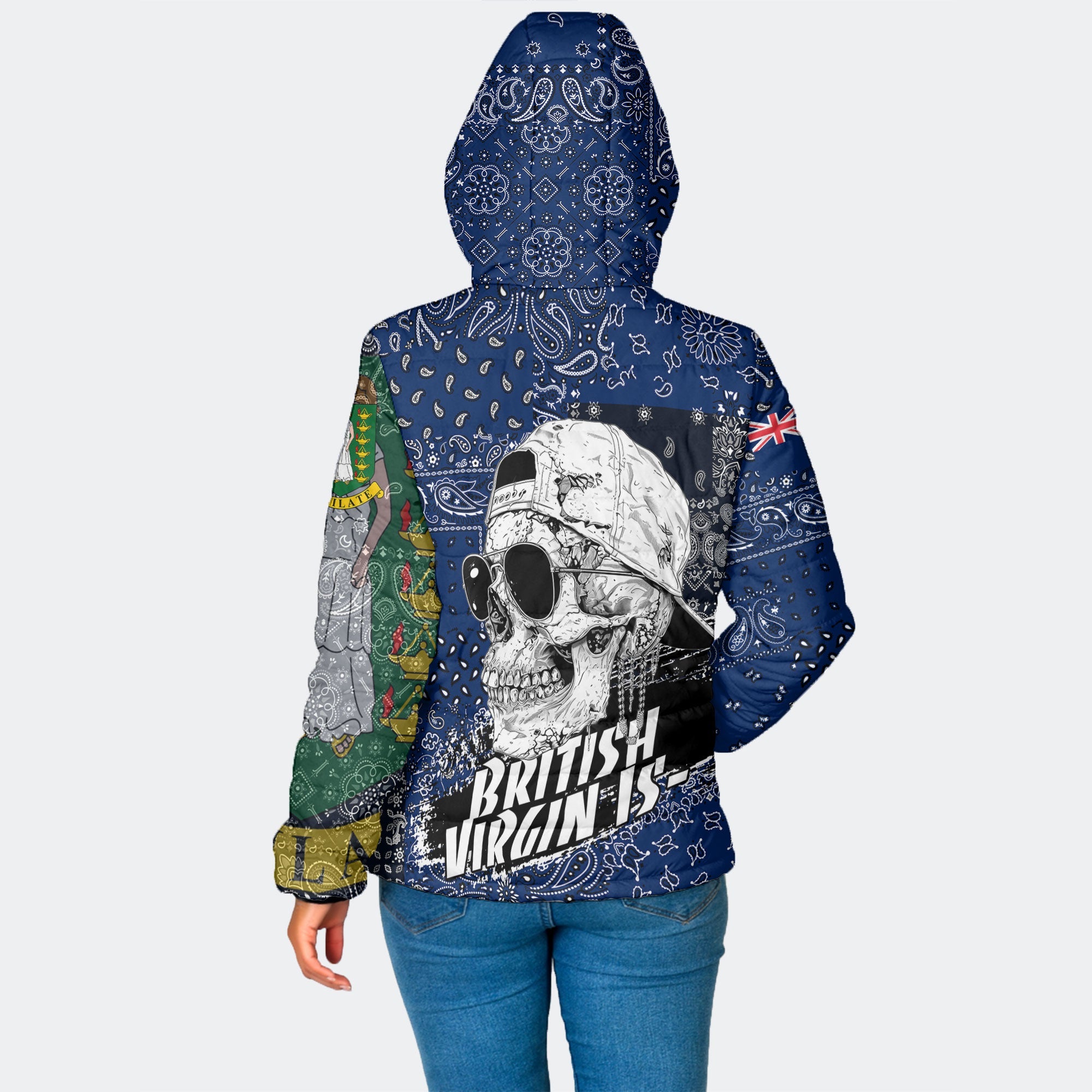 British Virgin Islands Women Hooded Padded Jacket Paisley Flag And Skull Style 2