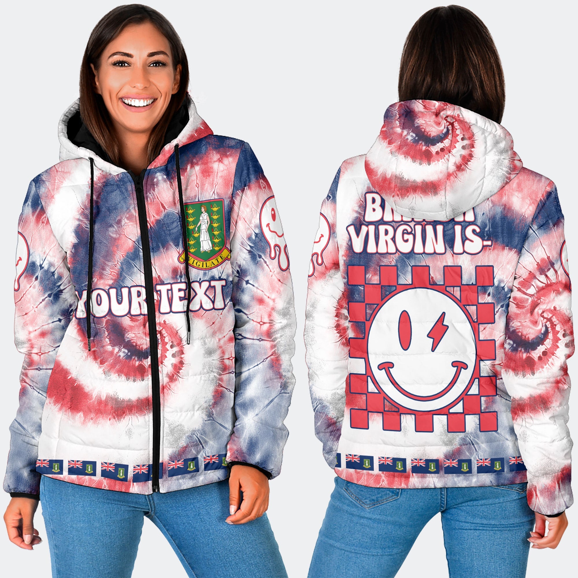 British Virgin Islands Women Hooded Padded Jacket Custom Tie Dye Style 3