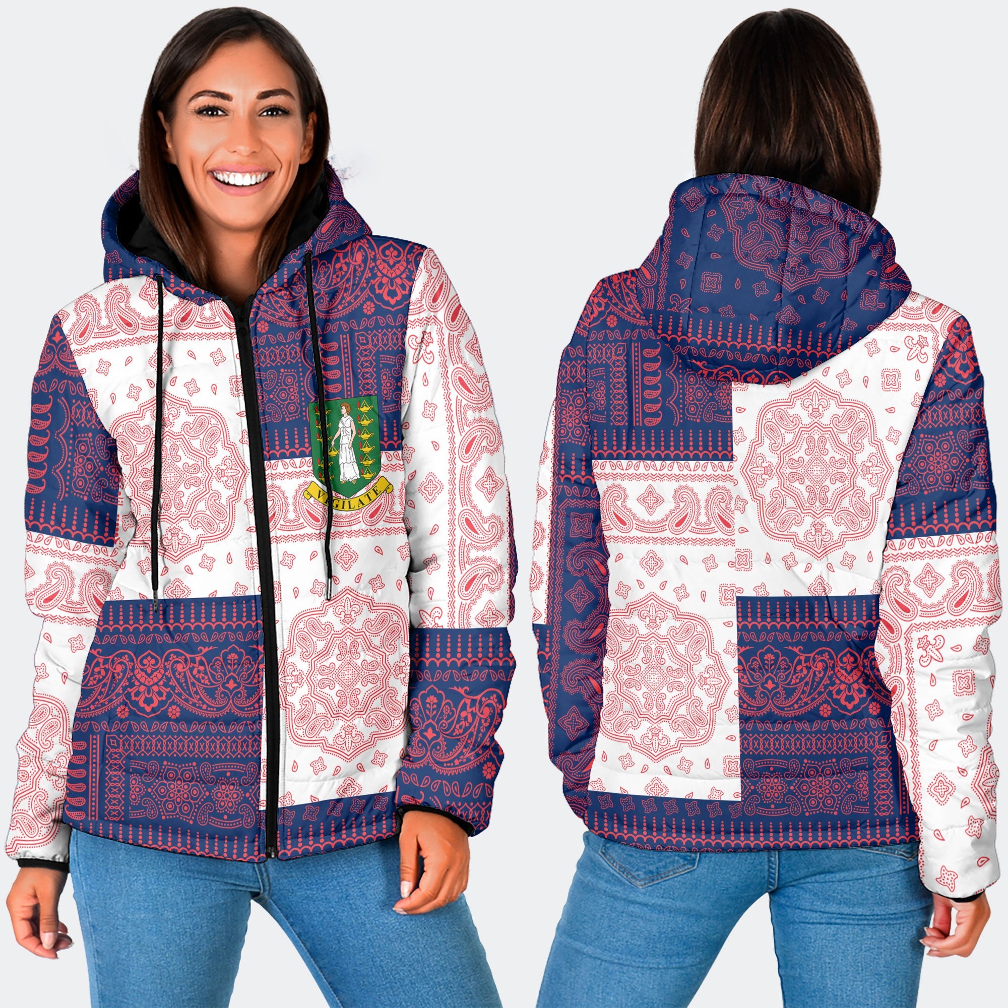 British Virgin Islands Women Hooded Padded Jacket Flag And Paisley Basic Style 3