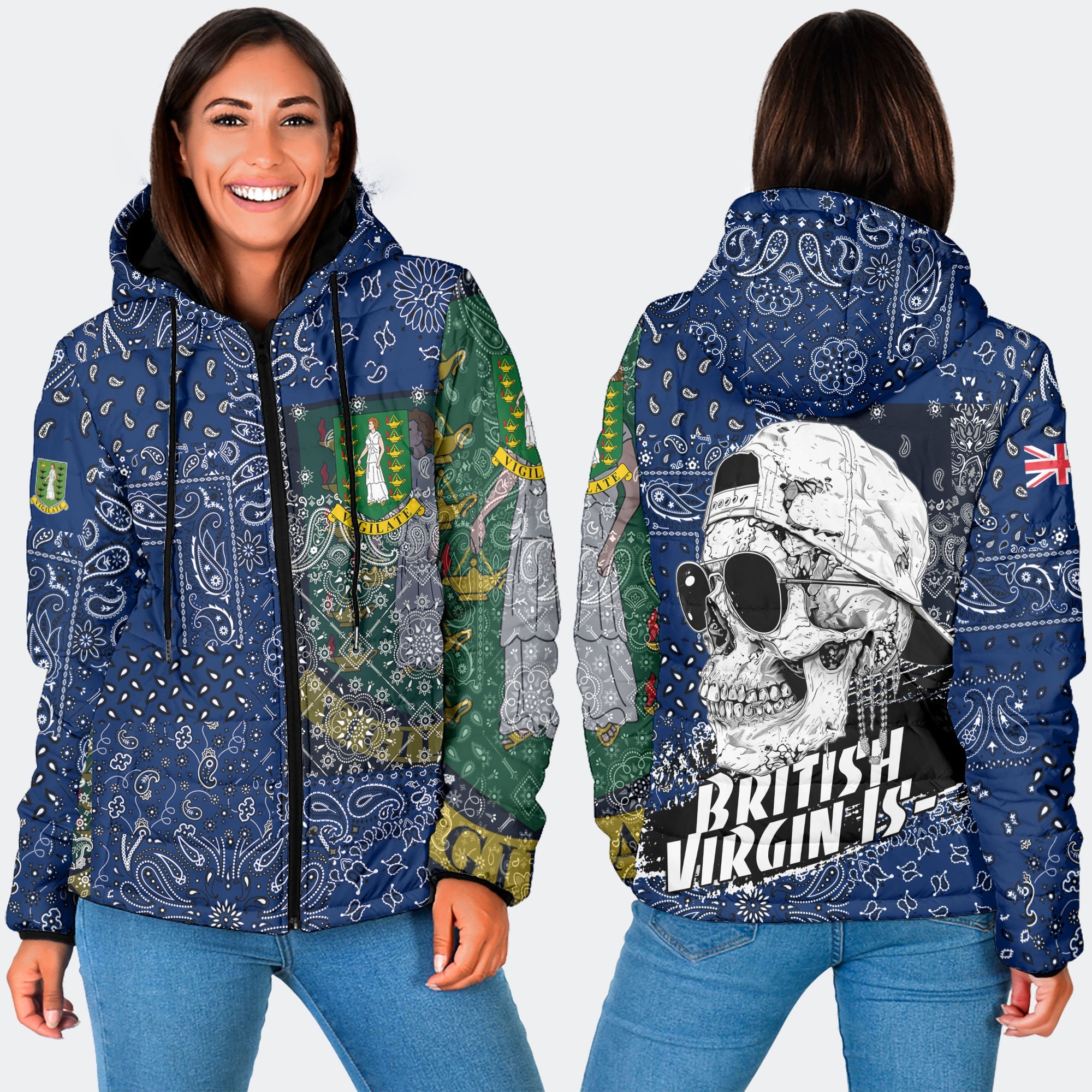 British Virgin Islands Women Hooded Padded Jacket Paisley Flag And Skull Style 3