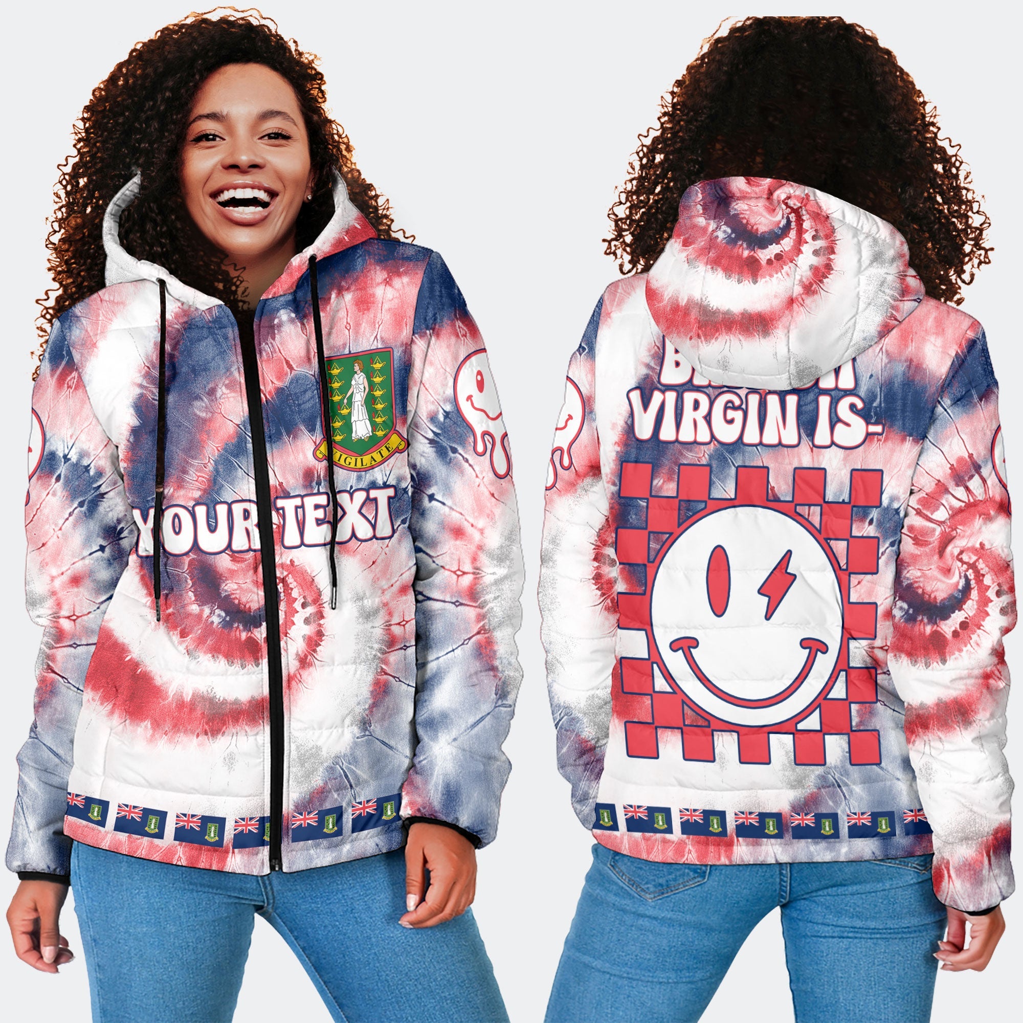 British Virgin Islands Women Hooded Padded Jacket Custom Tie Dye Style 4