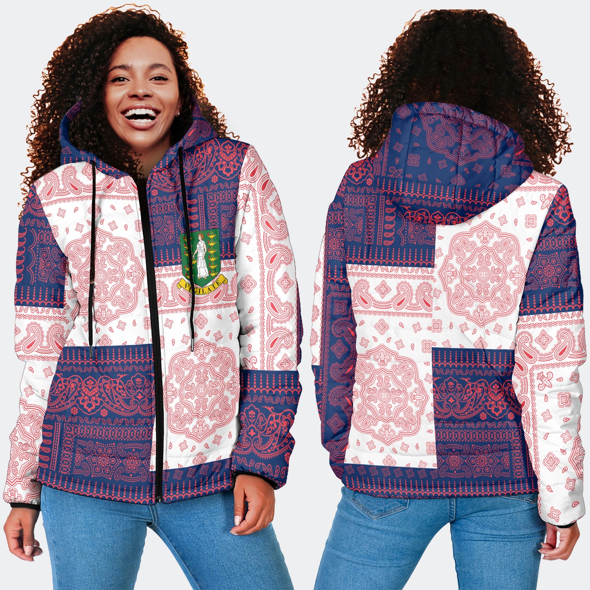 British Virgin Islands Women Hooded Padded Jacket Flag And Paisley Basic Style 4