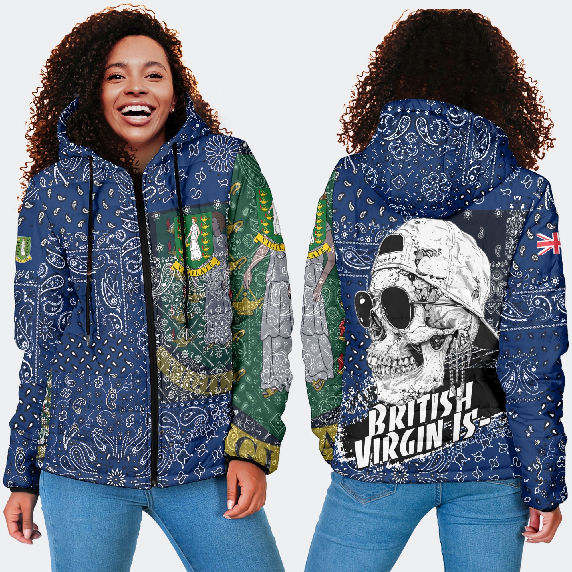 British Virgin Islands Women Hooded Padded Jacket Paisley Flag And Skull Style 4