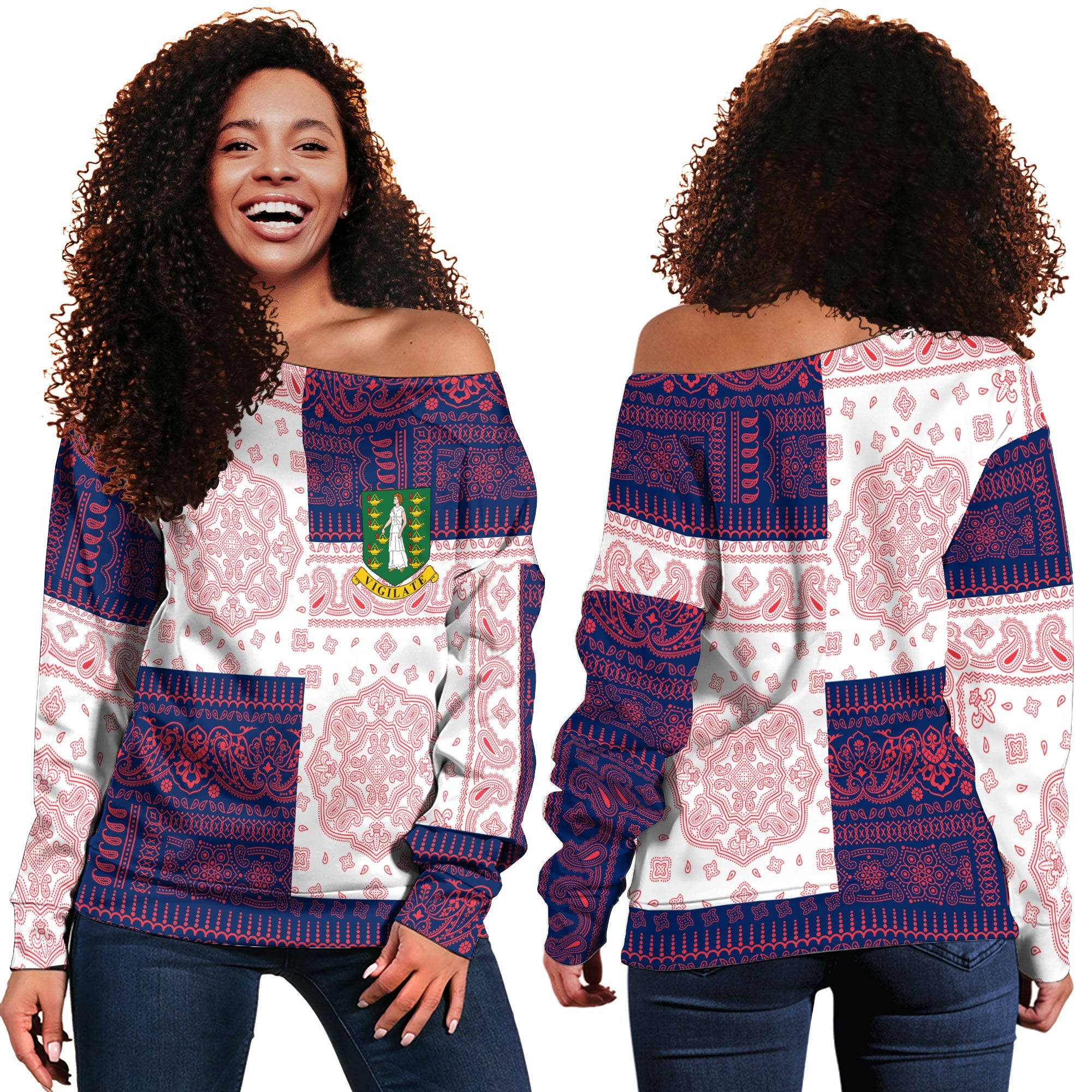 British Virgin Islands Women Off Shoulder Sweatshirt Flag And Paisley Basic Style 1