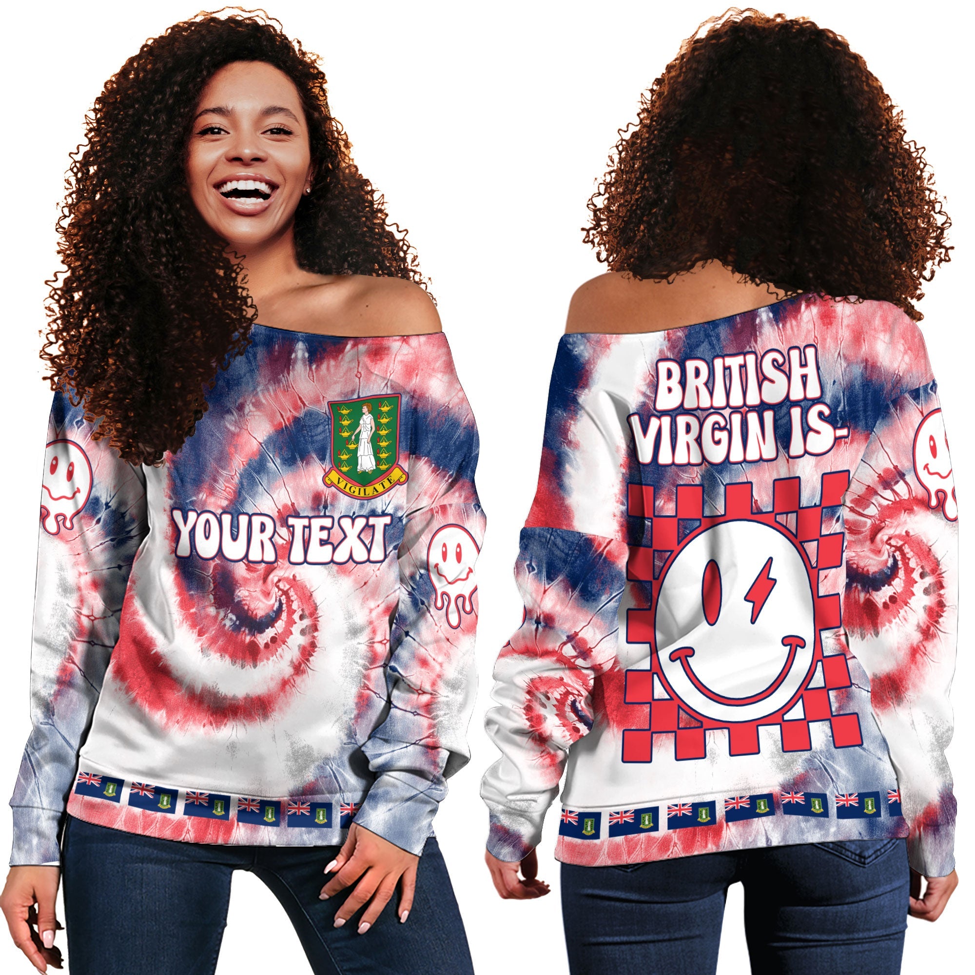 British Virgin Islands Women Off Shoulder Sweatshirt Custom Tie Dye Style 2