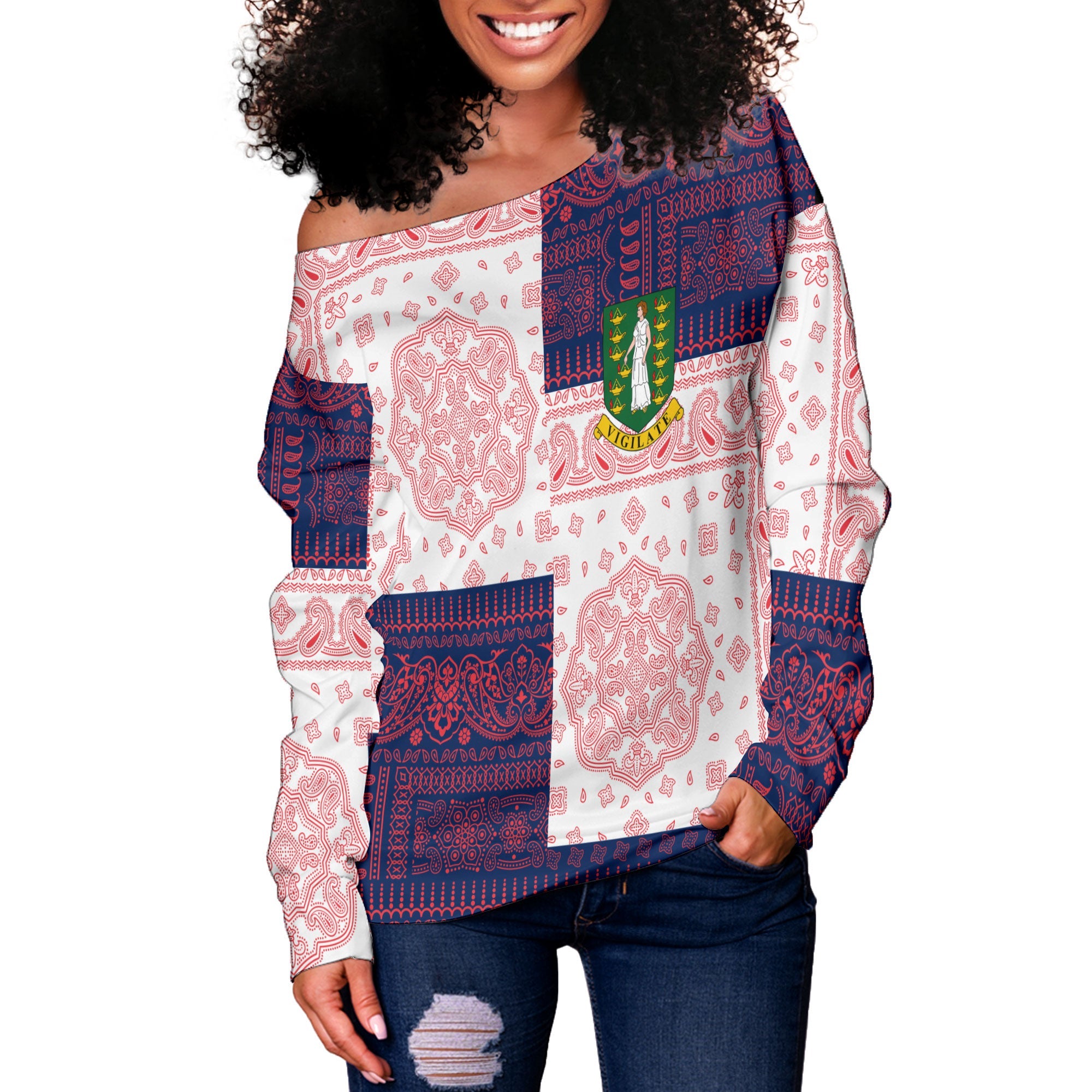 British Virgin Islands Women Off Shoulder Sweatshirt Flag And Paisley Basic Style 2