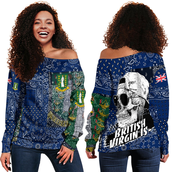 British Virgin Islands Women Off Shoulder Sweatshirt Paisley Flag And Skull Style 1