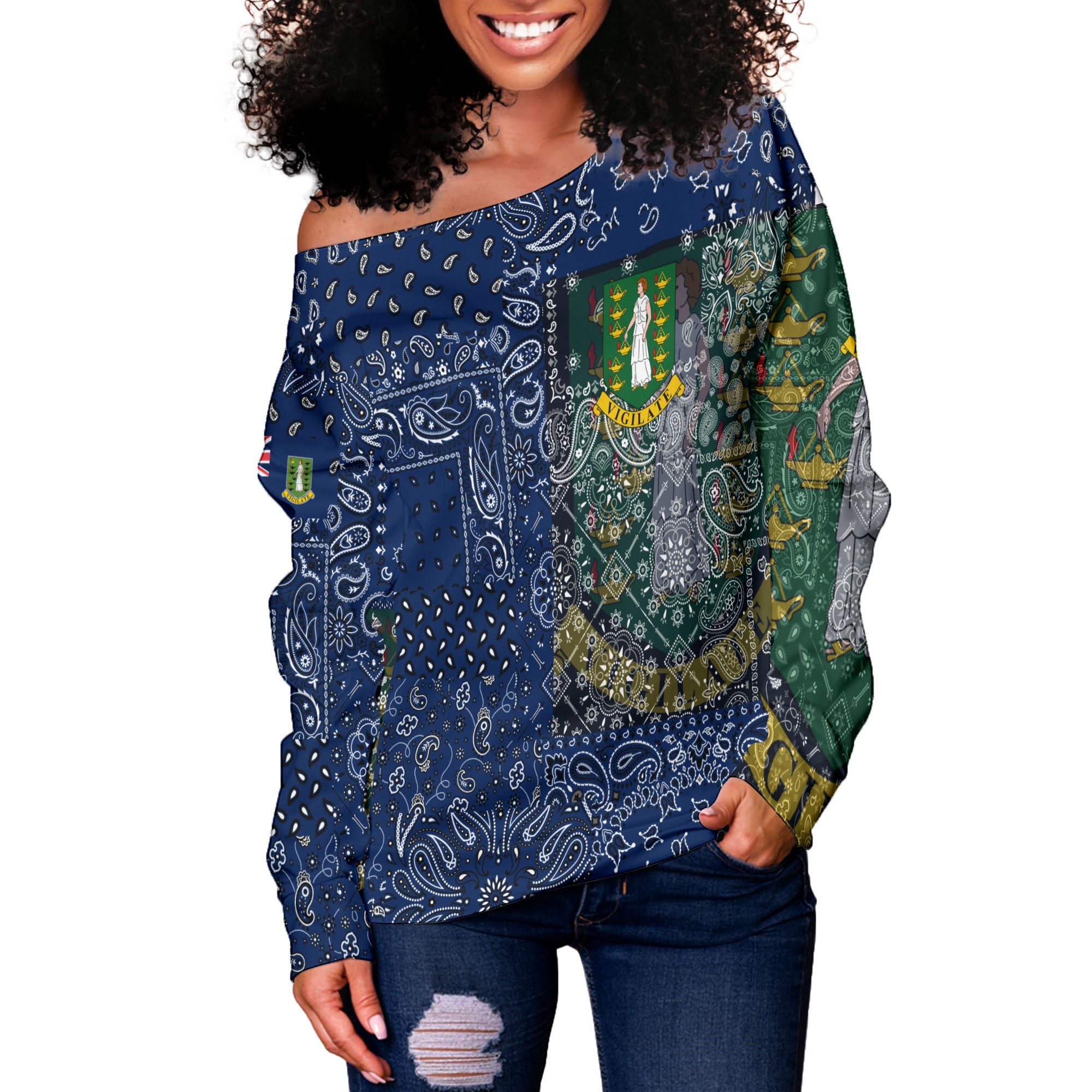 British Virgin Islands Women Off Shoulder Sweatshirt Paisley Flag And Skull Style 2