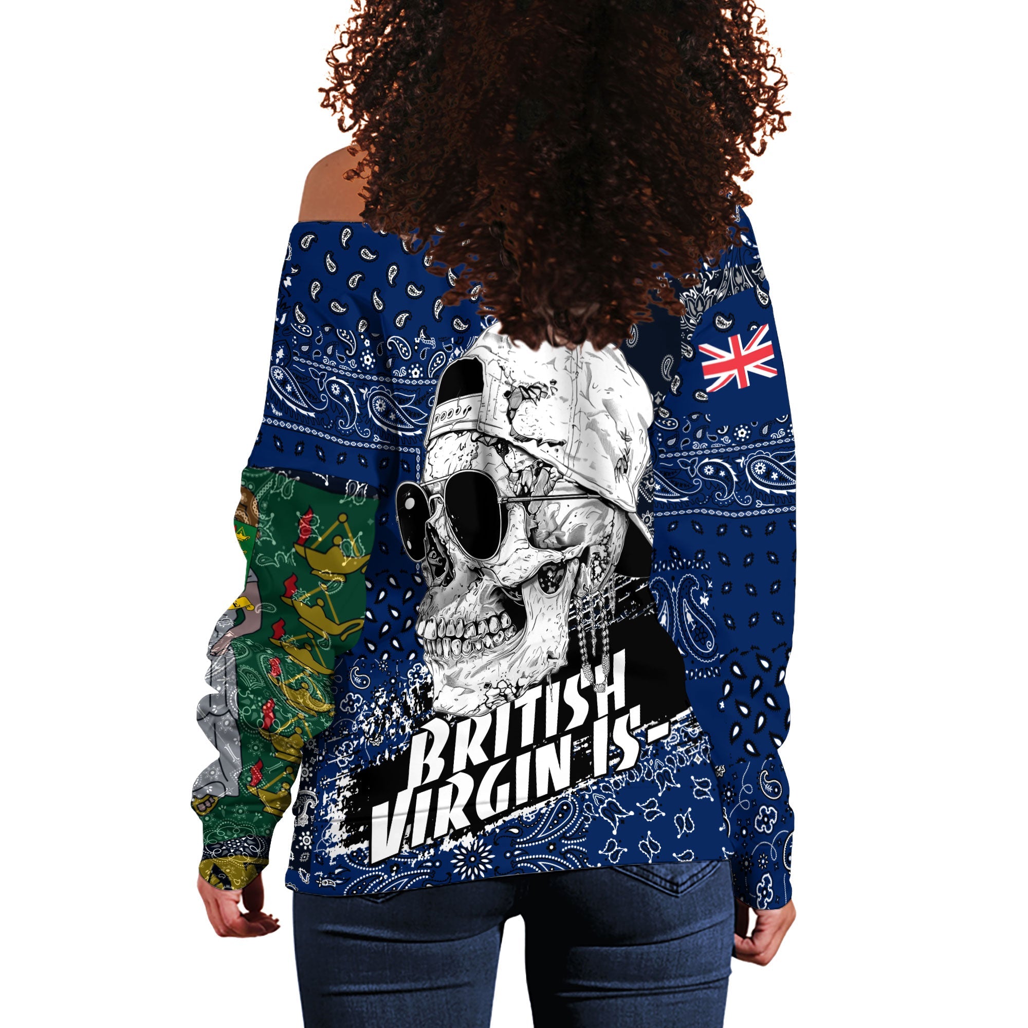 British Virgin Islands Women Off Shoulder Sweatshirt Paisley Flag And Skull Style 3